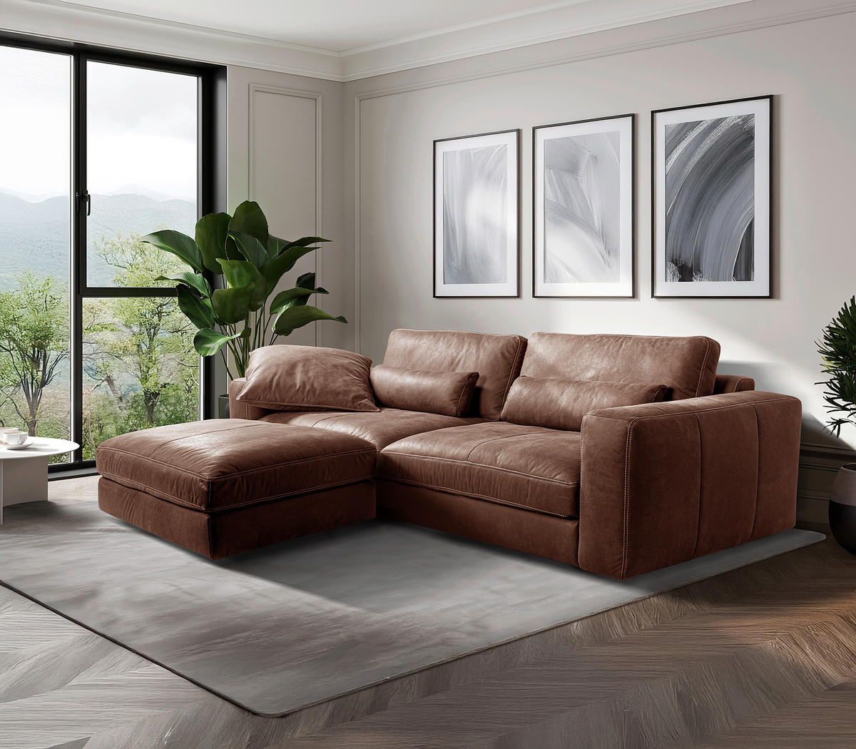HOCKER in Leder Braun  - Beige/Schwarz, Design, Leder/Kunststoff (123/45/93cm) - Livetastic