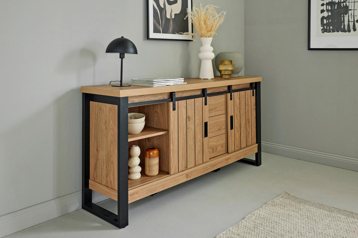 SIDEBOARD 153/75/39 cm  in Eichefarben  - Eichefarben/Schwarz, Modern, Holzwerkstoff/Metall (153/75/39cm) - MID.YOU