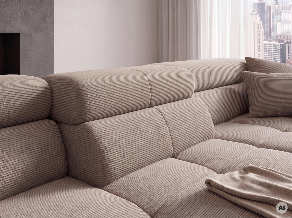 ECKSOFA Sandfarben Feincord Rücken echt, Kopfteilverstellung, Sitztiefenverstellung  - Sandfarben/Schwarz, KONVENTIONELL, Textil/Metall (293/226cm) - Hom`in