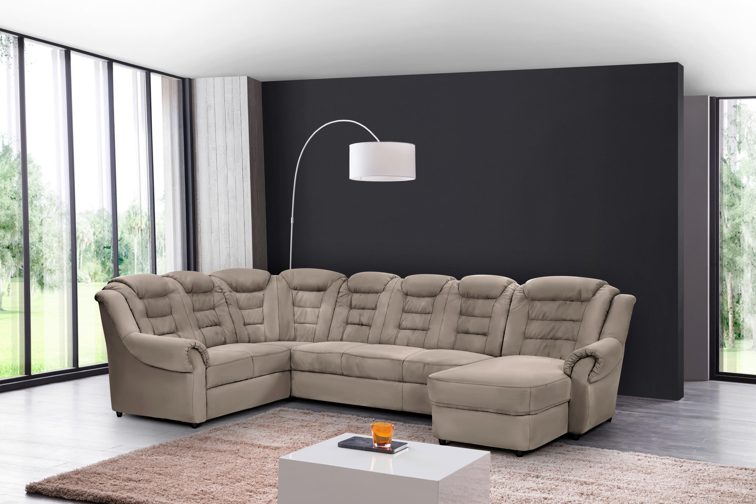 WOHNLANDSCHAFT in Lederlook Hellbraun - Hellbraun/Schwarz, Konventionell, Kunststoff/Textil (216/333/165cm) - Livetastic