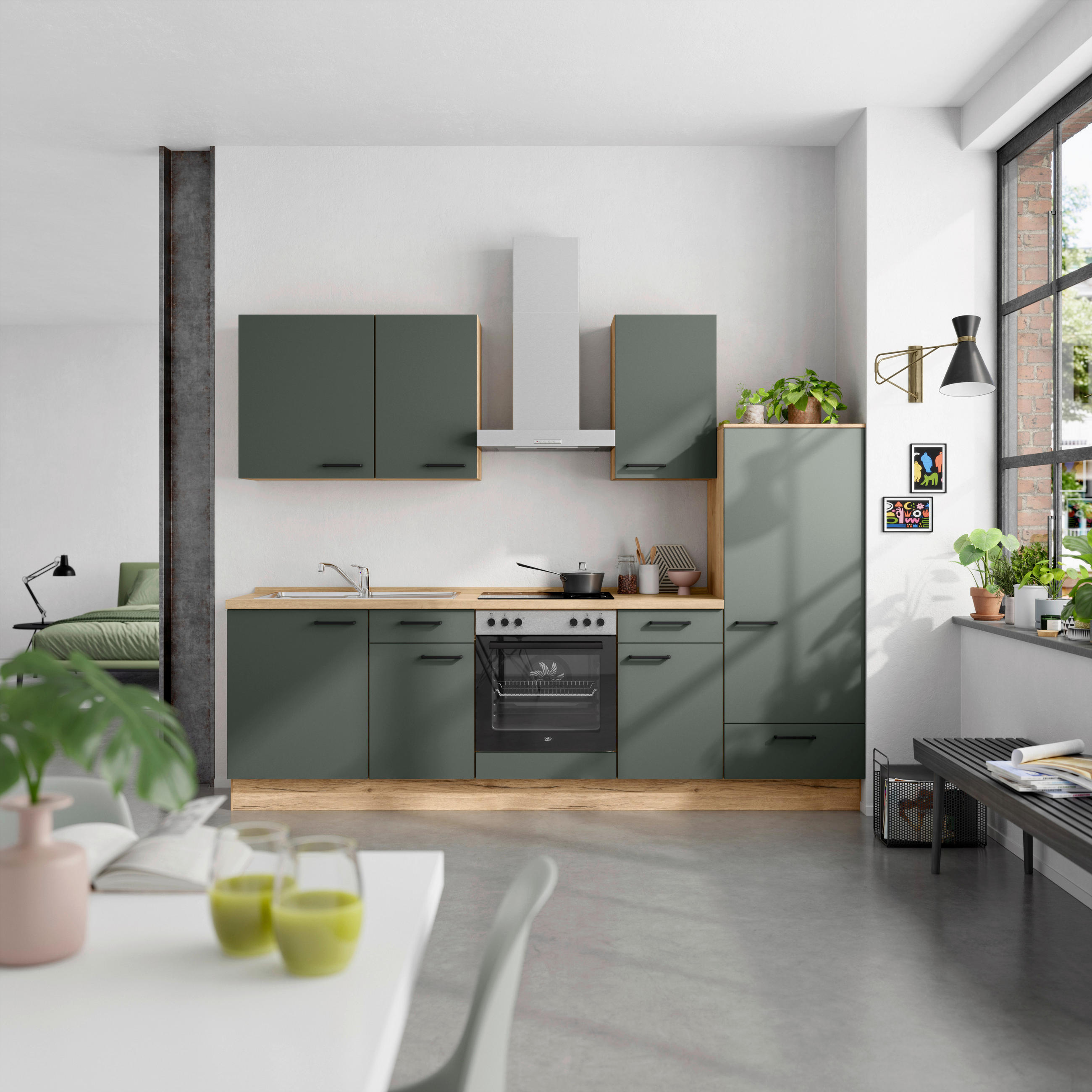 KÜCHENBLOCK Easytouch 270 cm  in Eichefarben, Dunkelgrün  - Dunkelgrün/Eichefarben, MODERN, Holzwerkstoff/Metall (270cm) - Nobilia