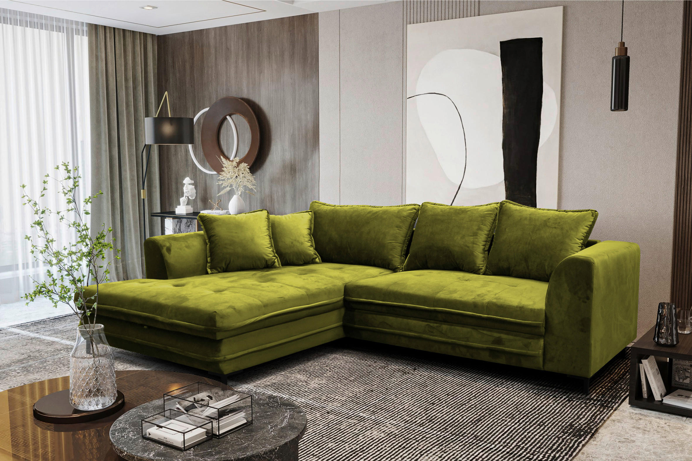 ECKSCHLAFSOFA Velours Hellgrün  - Schwarz/Hellgrün, Design, Textil/Metall (187/277cm) - Livetastic