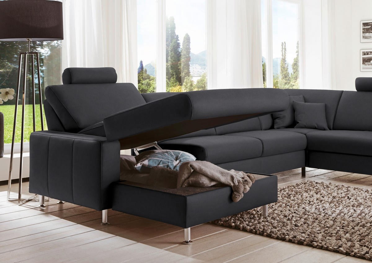 WOHNLANDSCHAFT in Echtleder Anthrazit  - Anthrazit/Alufarben, Design, Leder/Metall (165/339/233cm) - Beldomo Premium