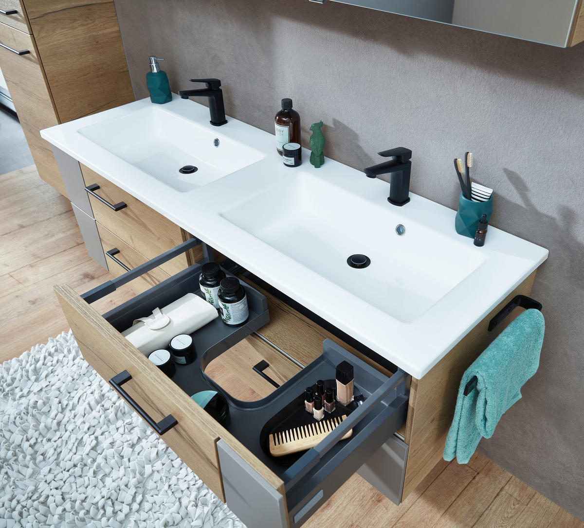 WASCHTISCHKOMBI 153 cm  - Blau/Eichefarben, KONVENTIONELL, Holzwerkstoff/Stein (153cm) - Sadena