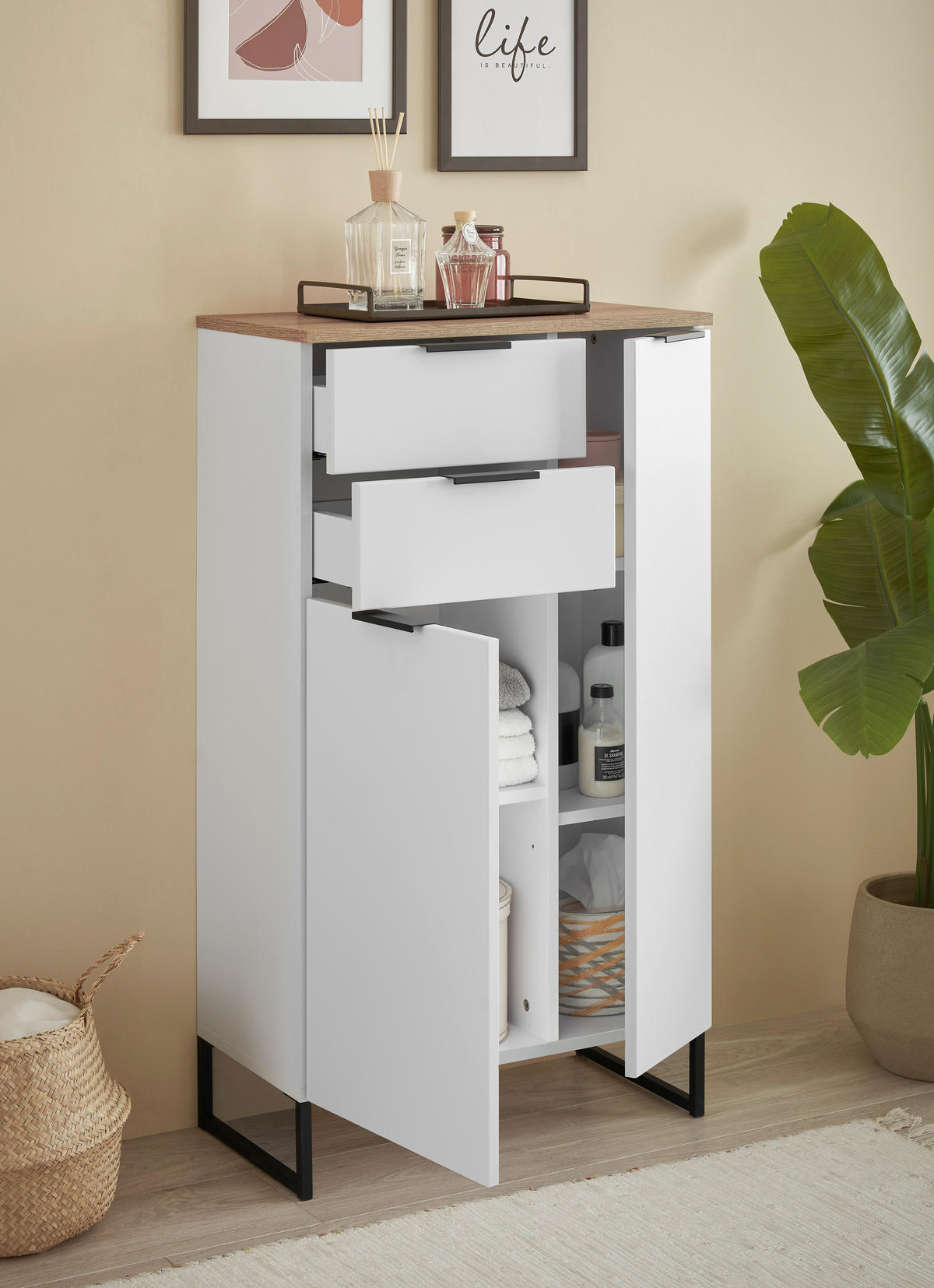 MIDISCHRANK 60/106/32 cm  - Eichefarben/Schwarz, KONVENTIONELL, Holzwerkstoff/Metall (60/106/32cm) - home24