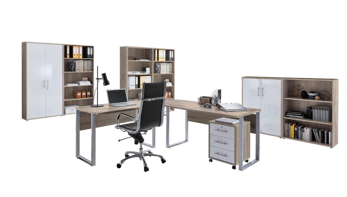 BÜRO - Weiß Hochglanz/Sonoma Eiche, MODERN, Holzwerkstoff/Metall - MID.YOU