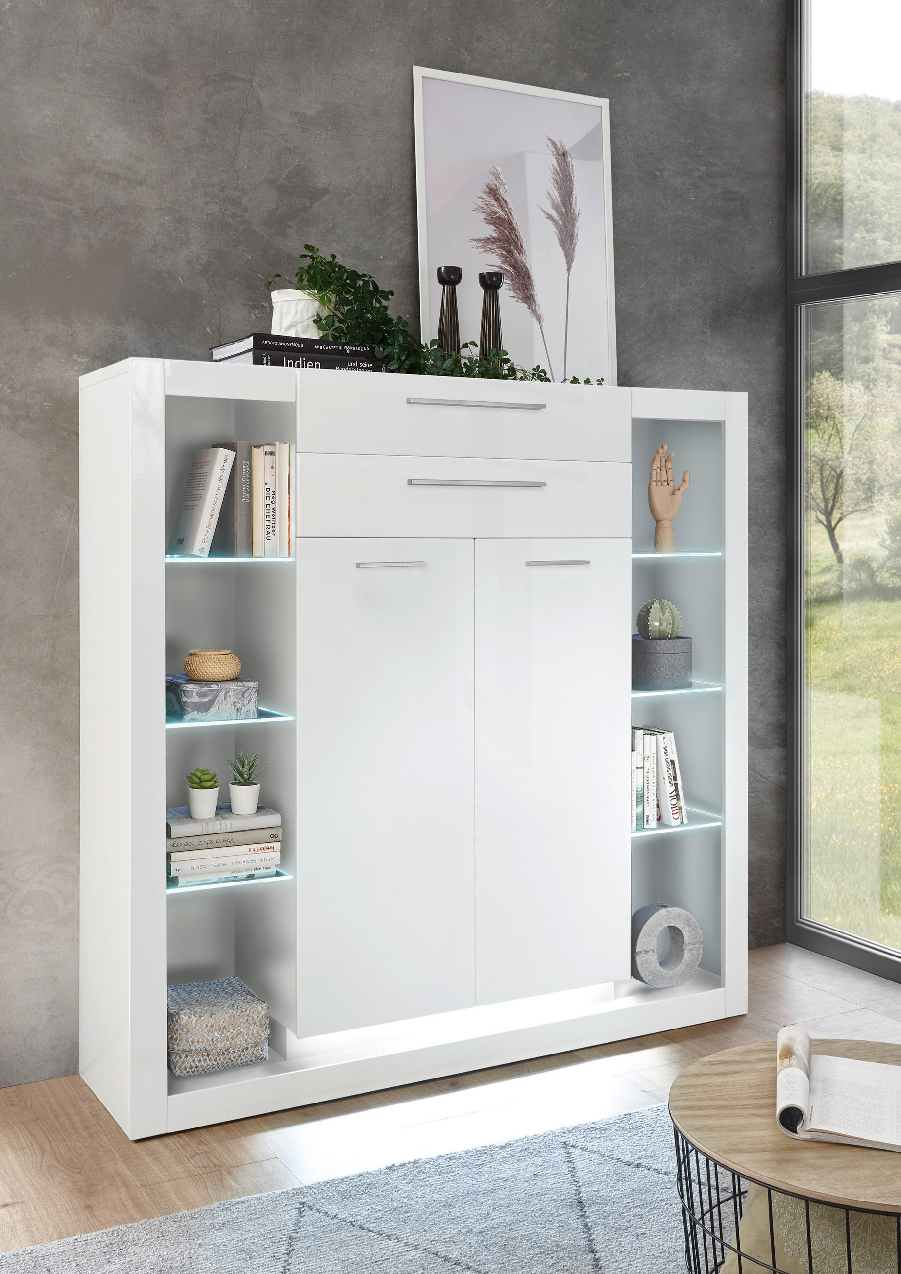 HIGHBOARD  in 141/139/37 cm  - Edelstahlfarben/Weiß Hochglanz, Design, Glas/Holzwerkstoff (141/139/37cm) - MID.YOU
