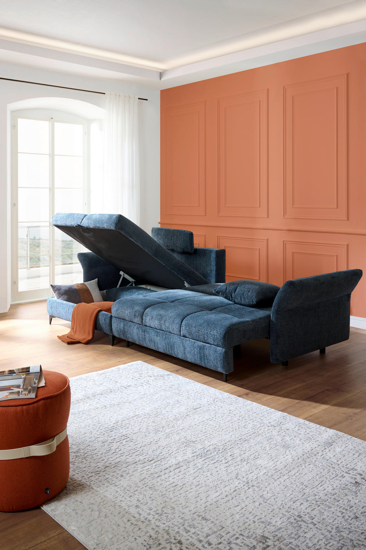 ECKSOFA in Chenille Blau  - Blau/Schwarz, KONVENTIONELL, Textil/Metall (291/153cm) - Hom`in