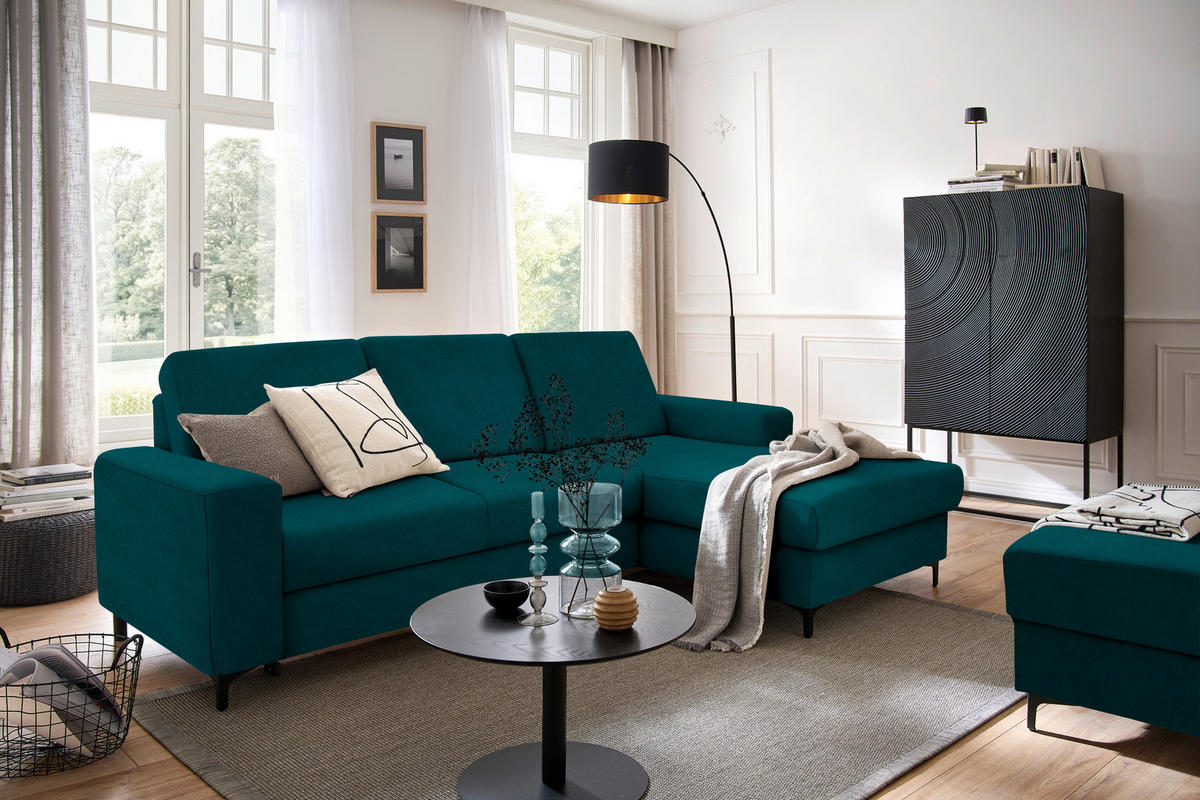 ECKSOFA Petrol Velours  - Petrol/Schwarz, KONVENTIONELL, Textil/Metall (247/167cm) - Stylife
