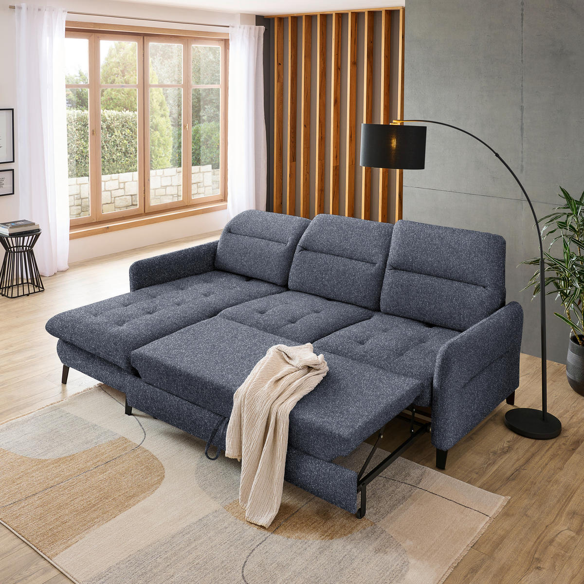 ECKSOFA Dunkelblau Plüsch  - Schwarz/Dunkelblau, KONVENTIONELL, Textil/Metall (190/254cm) - Livetastic