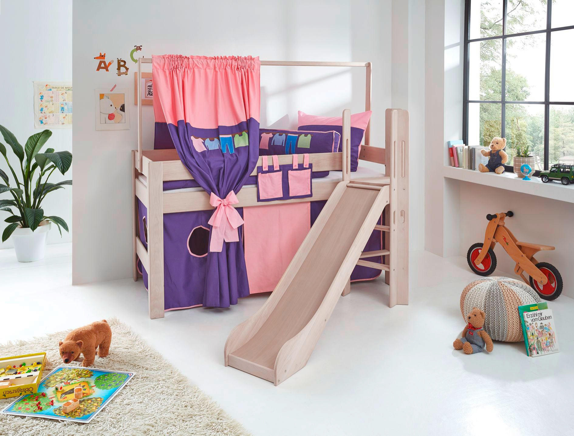 SPIELBETT Buche massiv 90/200 cm Lila, Rosa  - Lila/Rosa, Design, Holz/Textil (90/200cm)