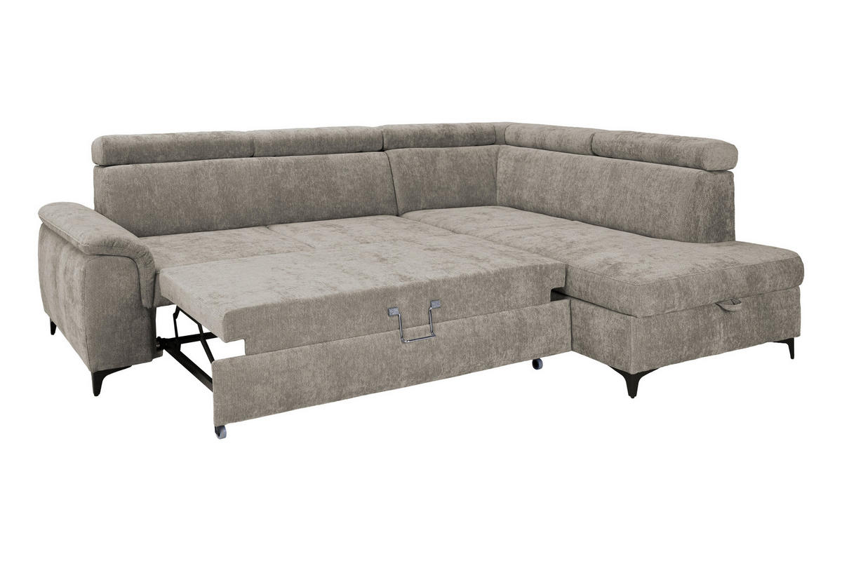 ECKSOFA Taupe Chenille Bettkasten, Schlaffunktion, Rücken echt, Kopfteilverstellung, Liegefläche im Originalstoff  - Taupe/Schwarz, KONVENTIONELL, Textil/Metall (265/206cm) - Carryhome