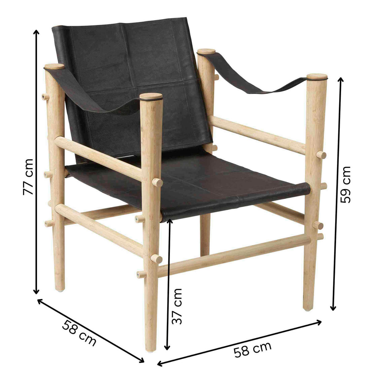 SESSEL 59/79/61 cm  in Echtleder Schwarz  - Schwarz/Naturfarben, ROMANTIK / LANDHAUS, Leder/Holz (59/79/61cm) - MID.YOU
