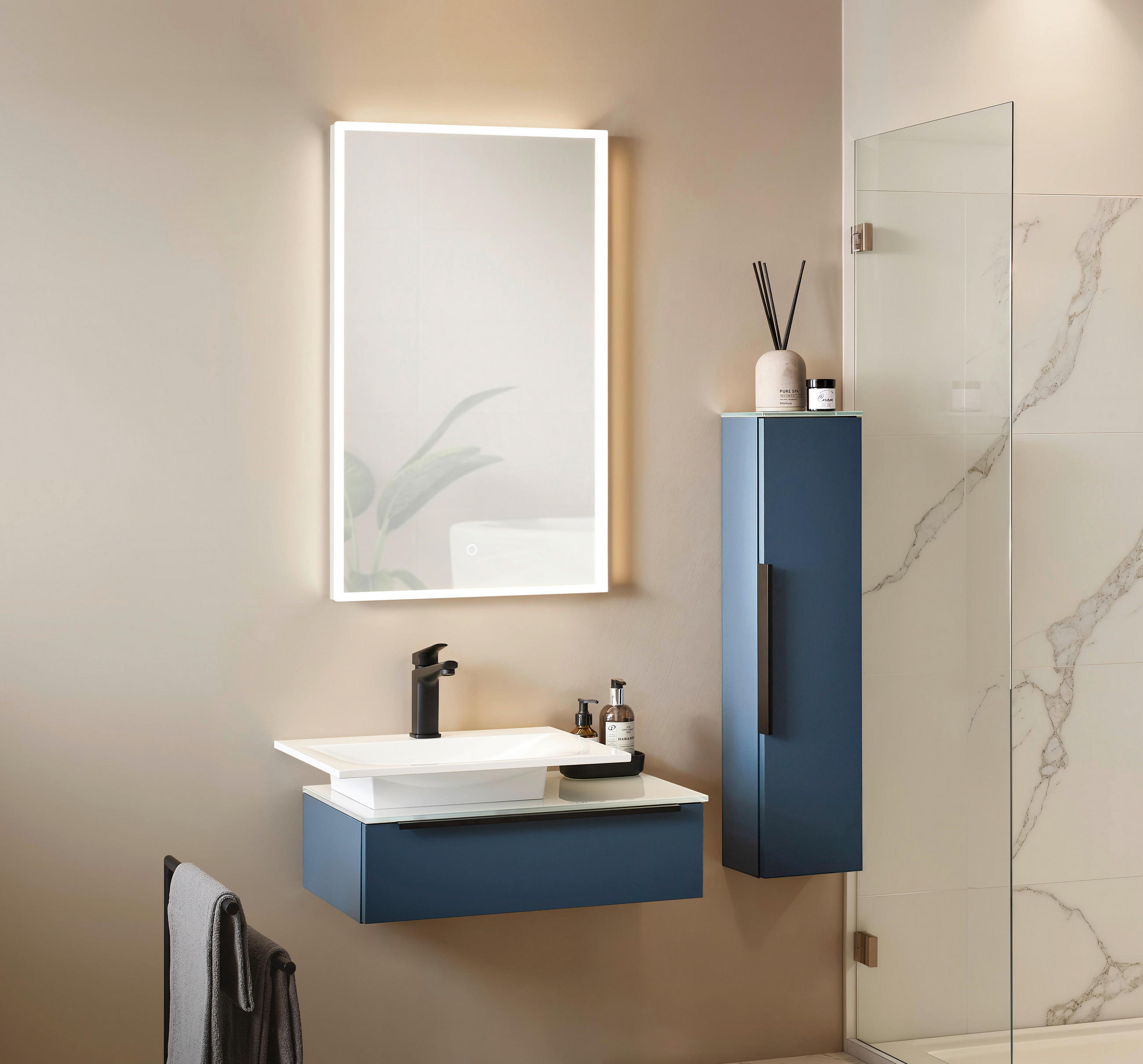 Thumbnail - Novel Waschtischkombi Nv.039, Blau, Metall, 1 Schublade(n) Schubladen, 66.6 cm, Made in Germany, Griffeauswahl, hängend,...