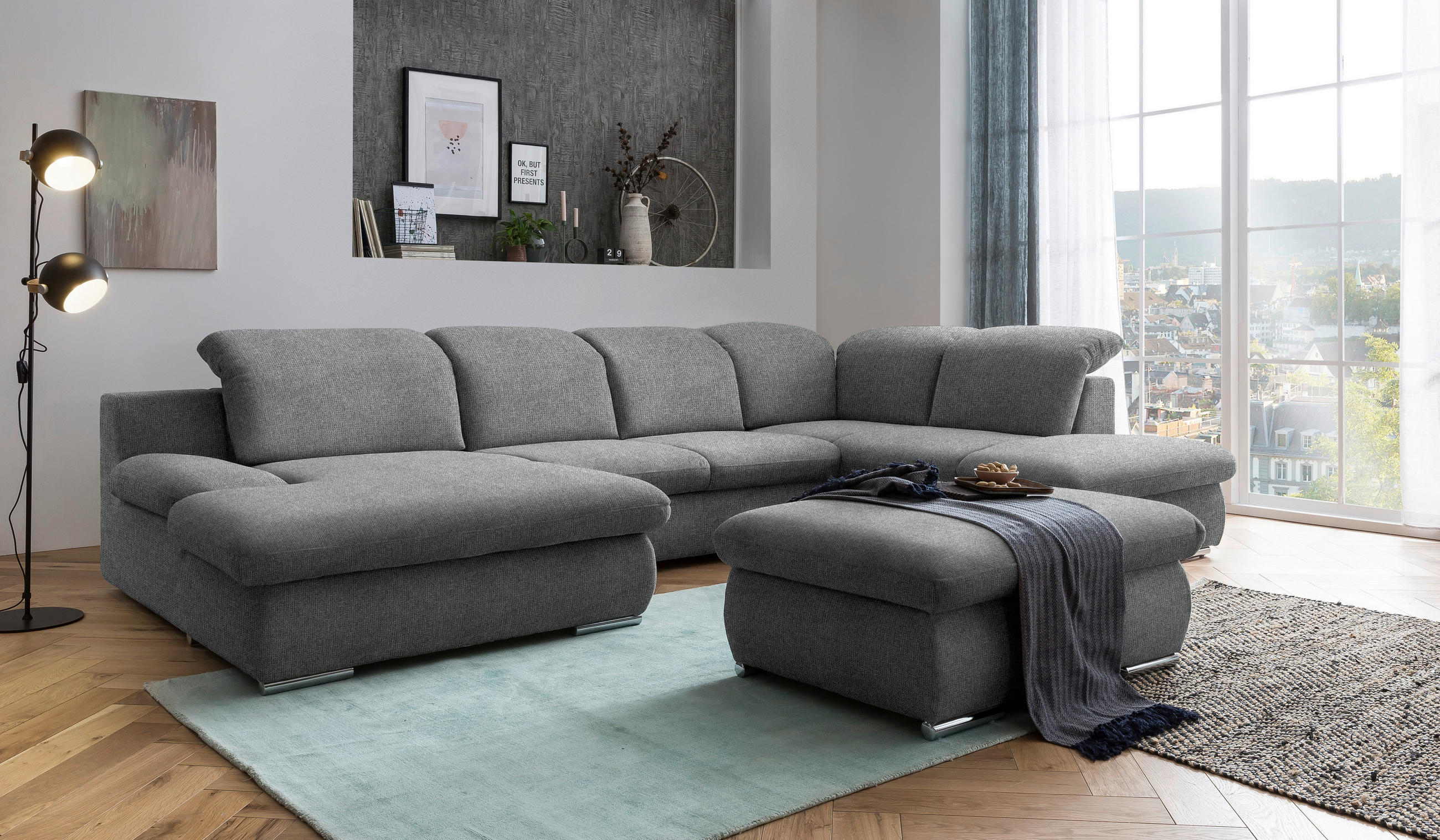 Thumbnail - Livetastic Wohnlandschaft, Dunkelgrau, Textil, 4-Sitzer, Ottomane rechts, U-Form, 353x212 cm, Made in EU, Hocker erhältl...