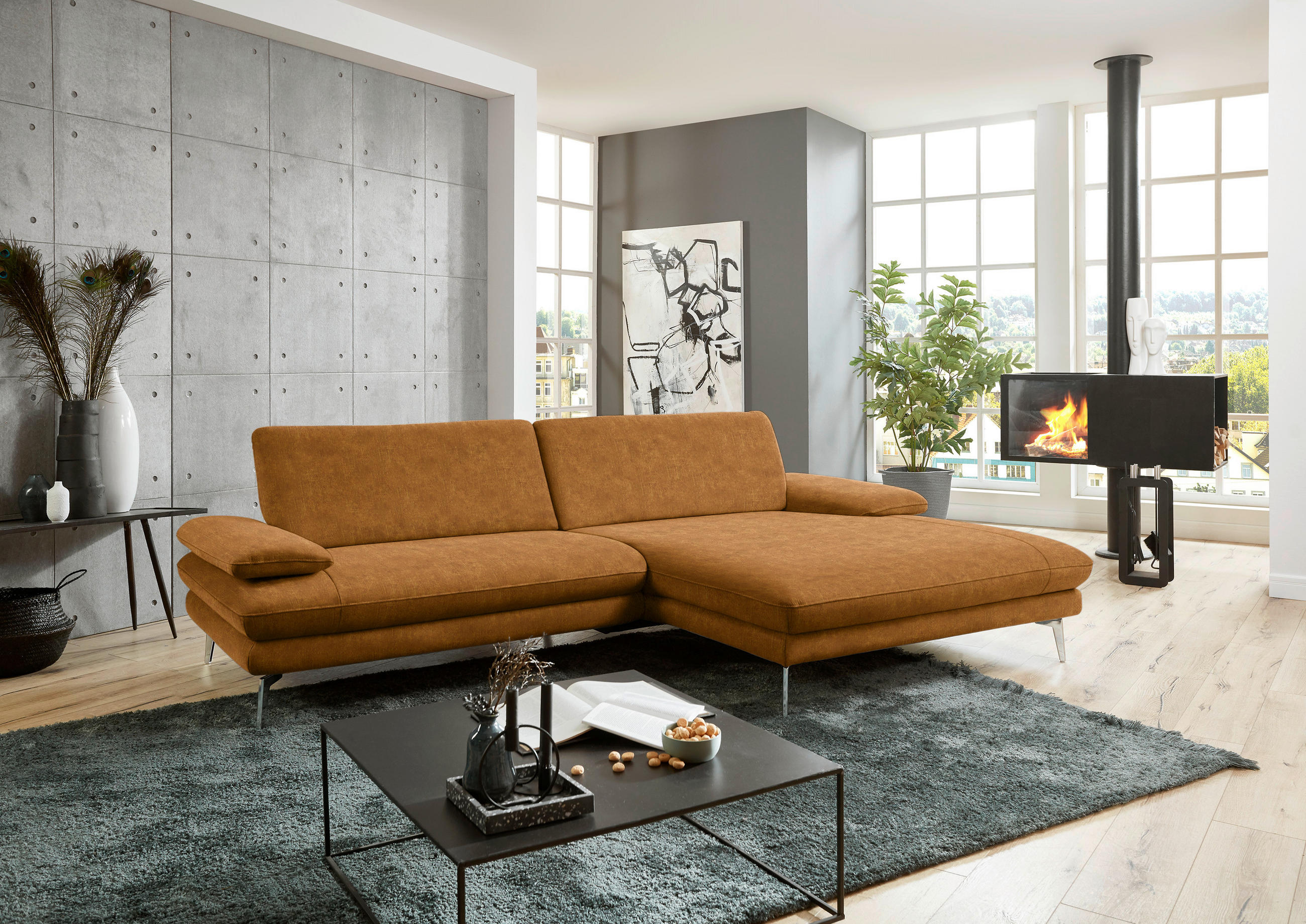 ECKSOFA in Velours Cognac  - Cognac/Schwarz, Design, Textil/Metall (284/184cm) - Dieter Knoll