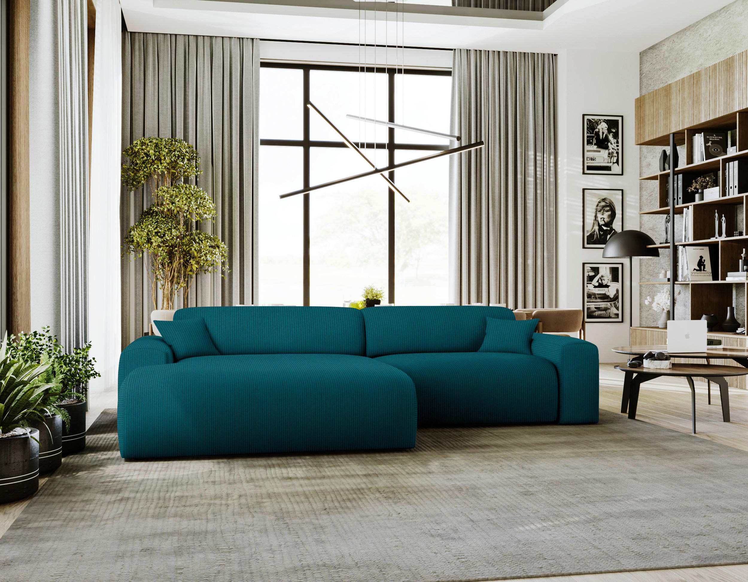 ECKSOFA  in Velours, Feincord Petrol  178/292 cm  - Petrol/Schwarz, Design, Kunststoff/Textil (178/292cm) - home24
