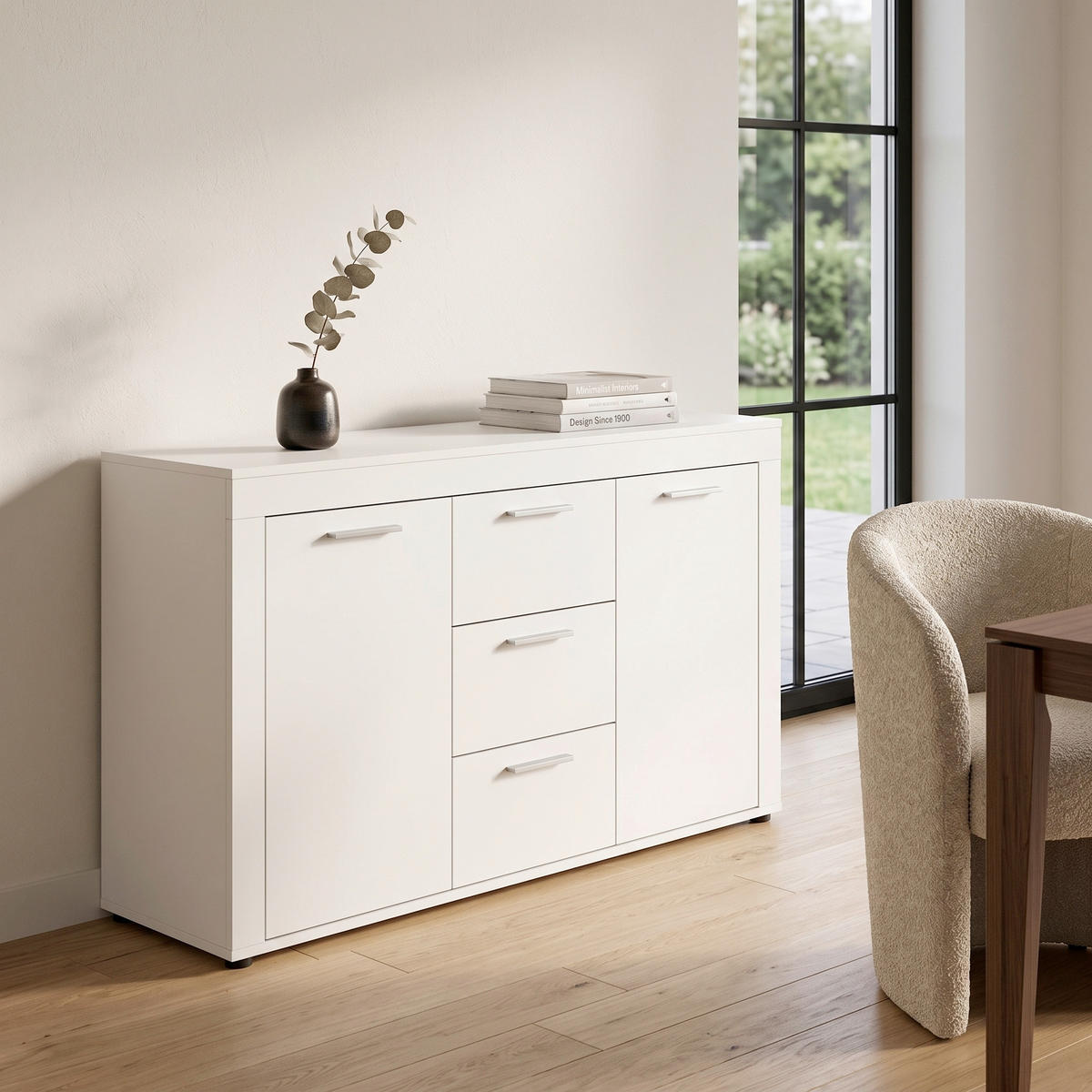KOMODA   125/80/35 cm   bijela  - bijela/srebrne boje, Design, drvni materijal/plastika (125/80/35cm) - Modern Living