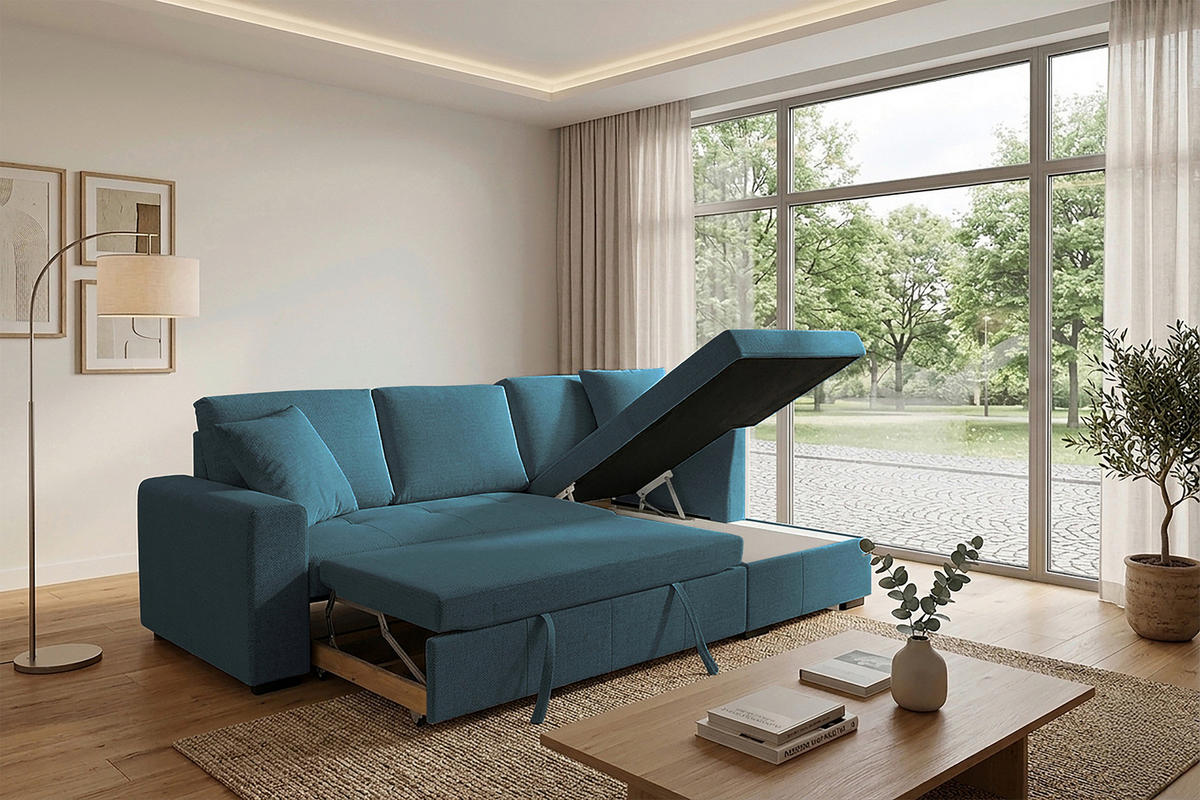 ECKSOFA LUKAS Blau Struktur Zierkissen, Bettkasten  - Blau, Trend, Textil (239/158cm) - P & B