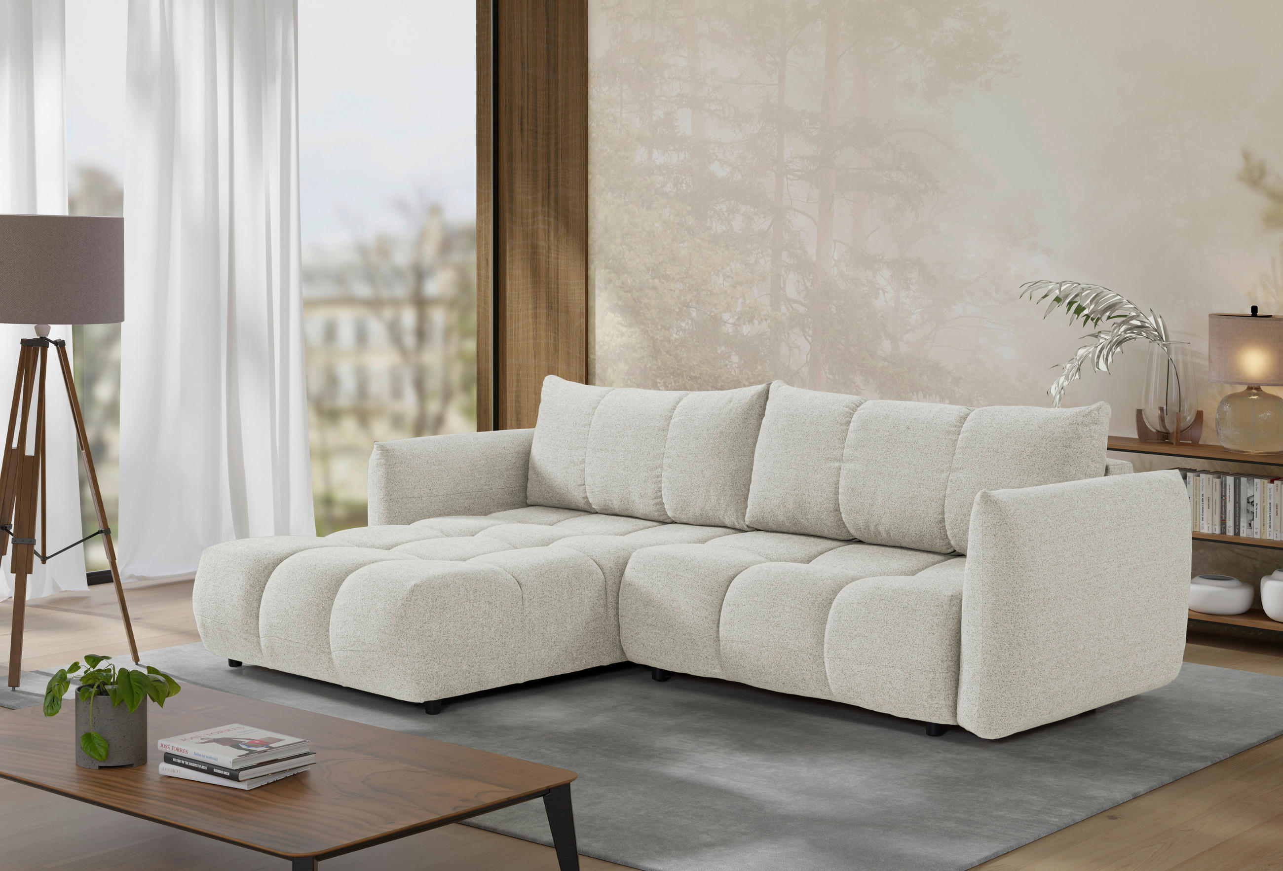ECKSCHLAFSOFA Flachgewebe Beige  inkl.  - Beige/Schwarz, KONVENTIONELL, Kunststoff/Textil (273/188cm) - Livetastic
