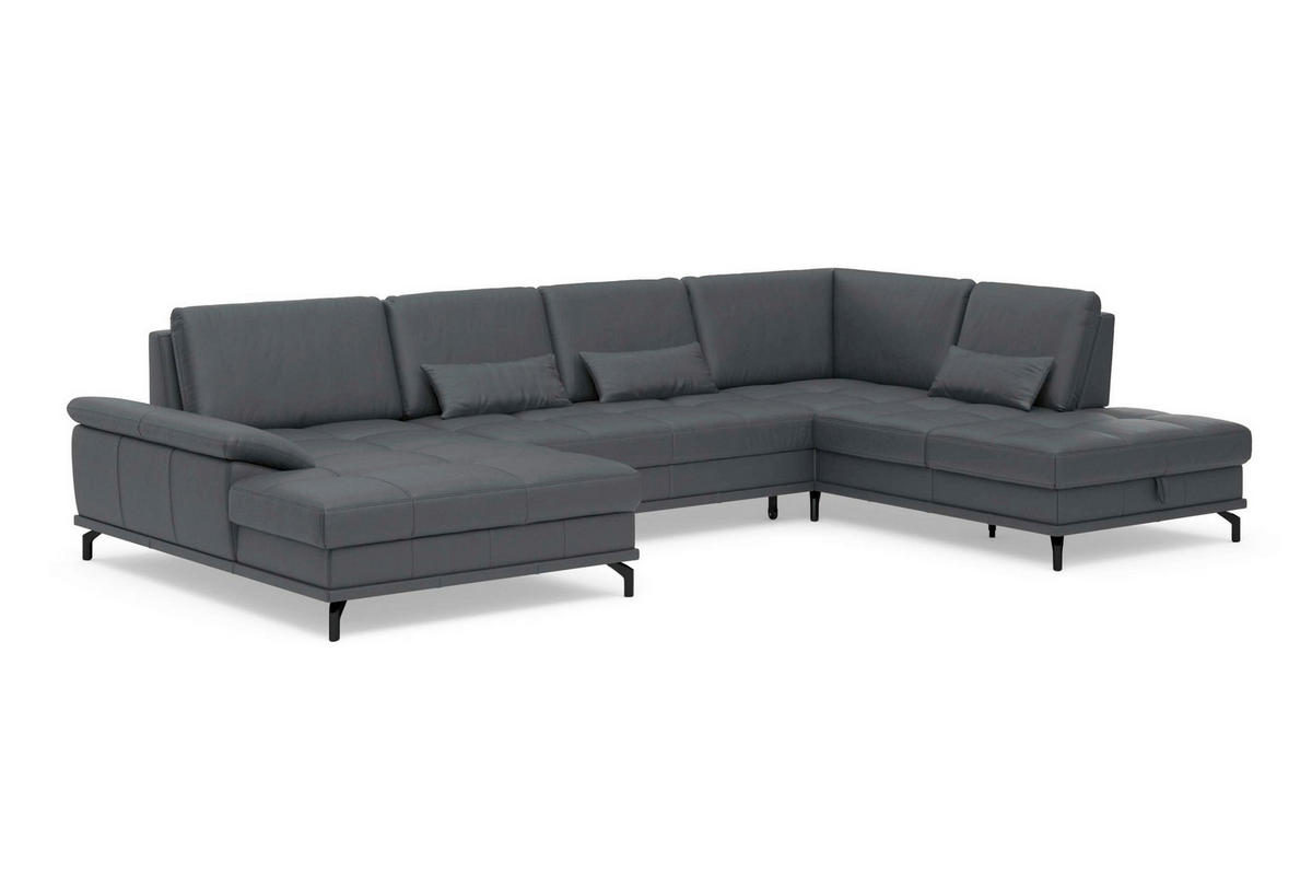 WOHNLANDSCHAFT COSTELLO E Schwarz Kombination Echtleder/Stoff Mikrofaser  - Schwarz, Basics, Leder/Textil (176/363/223cm) - Sit & More
