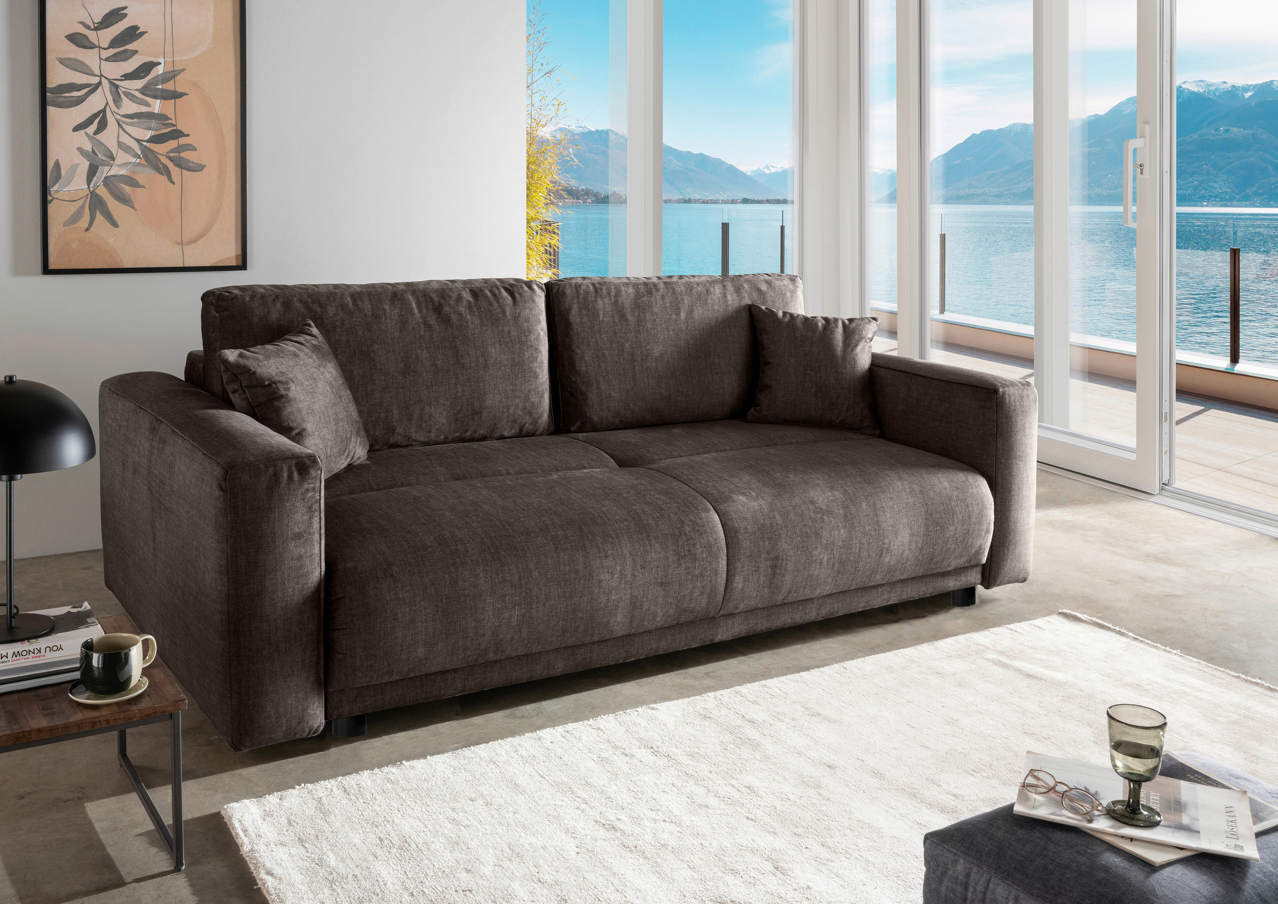 SCHLAFSOFA  mit Liegefunktion, Rücken echt Velours Dunkelbraun  - Dunkelbraun/Schwarz, MODERN, Kunststoff/Textil (245/86/126cm) - Livetastic