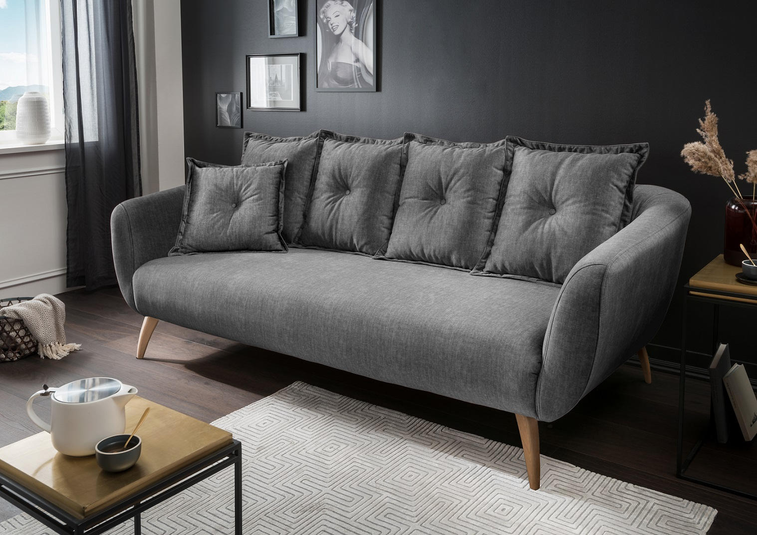 3-SITZER-SOFA Velours Grau  - Buchefarben/Grau, MODERN, Holz/Textil (236/94/103cm) - Livetastic