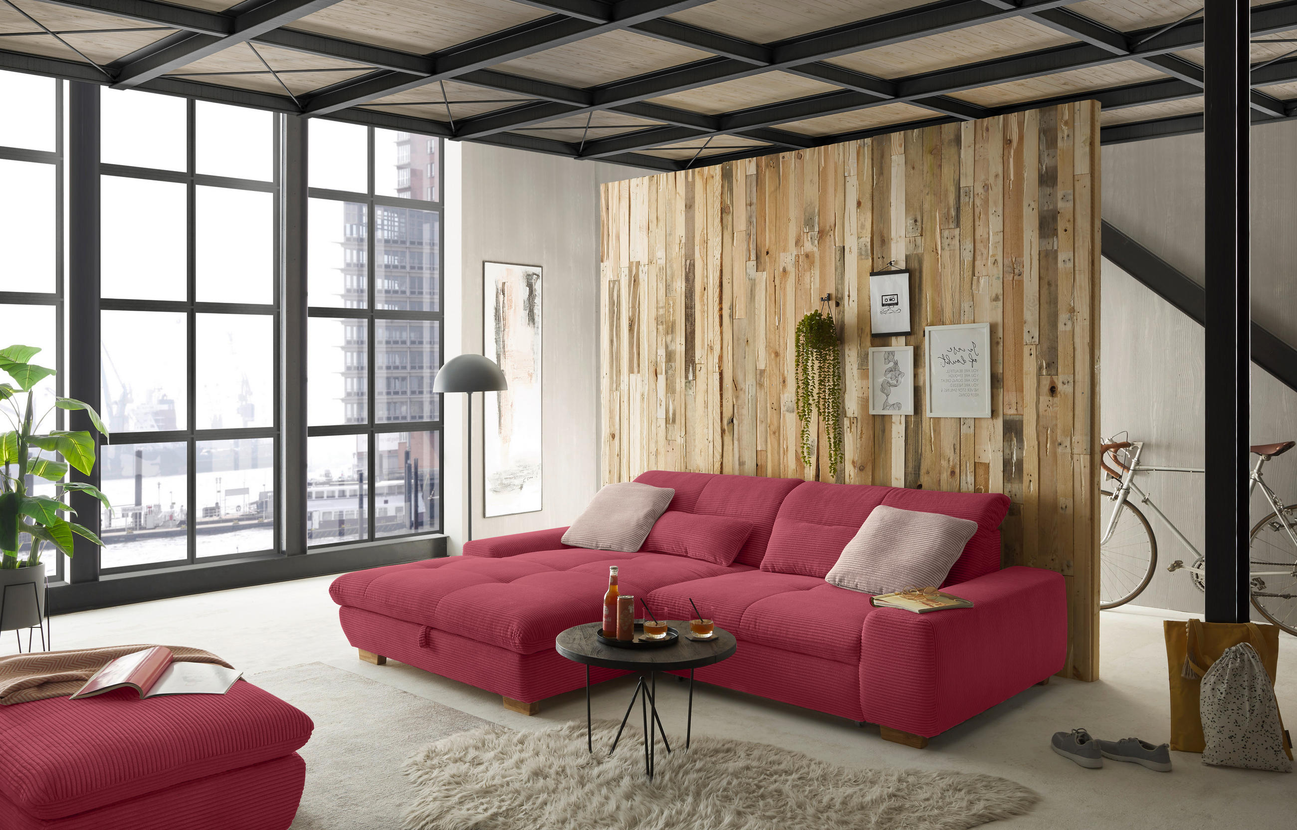 ECKSOFA Beere Cord  - Eichefarben/Beere, Design, Holz/Textil (198/276cm) - SetOne by Musterring