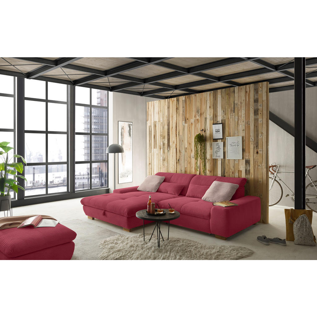 Thumbnail - SetOne by Musterring Ecksofa, Beere, Textil, Eiche, massiv, 2-Sitzer, Ottomane links, L-Form, 276x198 cm, Bettkasten erh...
