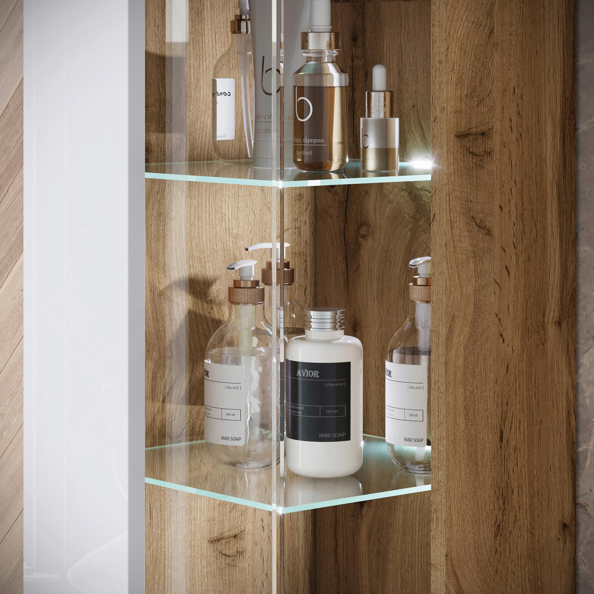 BADEZIMMER 5-teilig  in 120,4 cm  - Weiß Hochglanz/Eiche Wotan, Trend, Glas/Keramik (120,4cm) - P & B