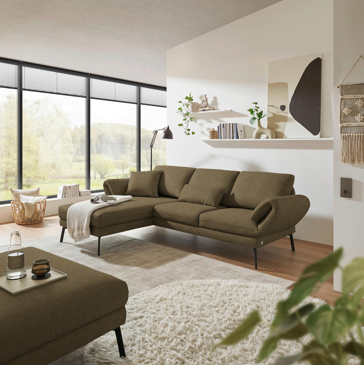 ECKSOFA  in Flachgewebe Khaki  175-224/255-365 cm  - Khaki/Schwarz, Design, Textil/Metall (175-224/255-365cm) - Dieter Knoll