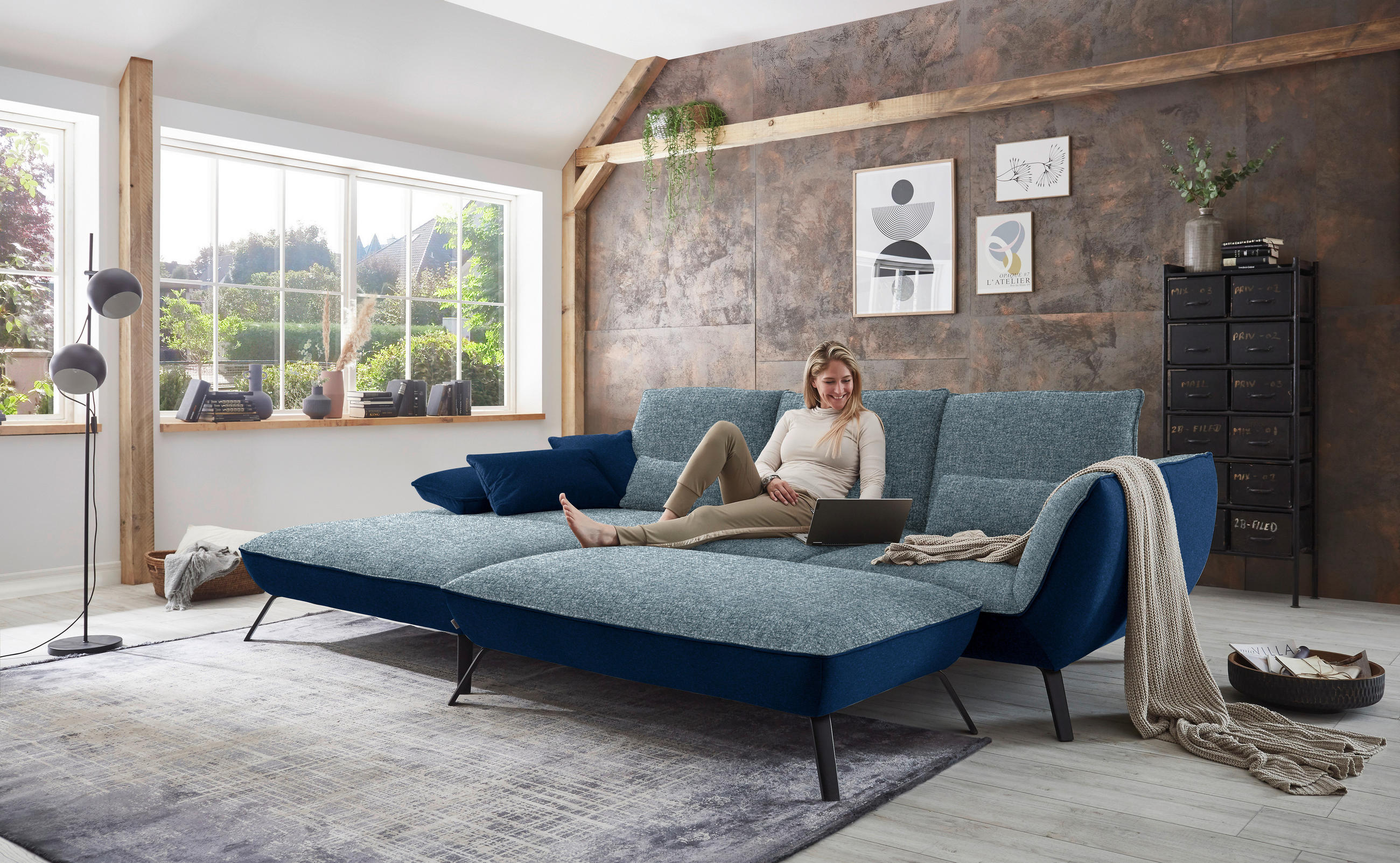 ECKSOFA in Flachgewebe Blau  - Blau/Schwarz, Design, Textil/Metall (191/301cm) - Moderano