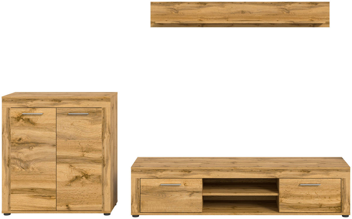 WOHNWAND 3-teilig  in Eiche Wotan  255/159/35 cm  - Eiche Wotan/Silberfarben, Design, Holzwerkstoff/Kunststoff (255/159/35cm) - MID.YOU