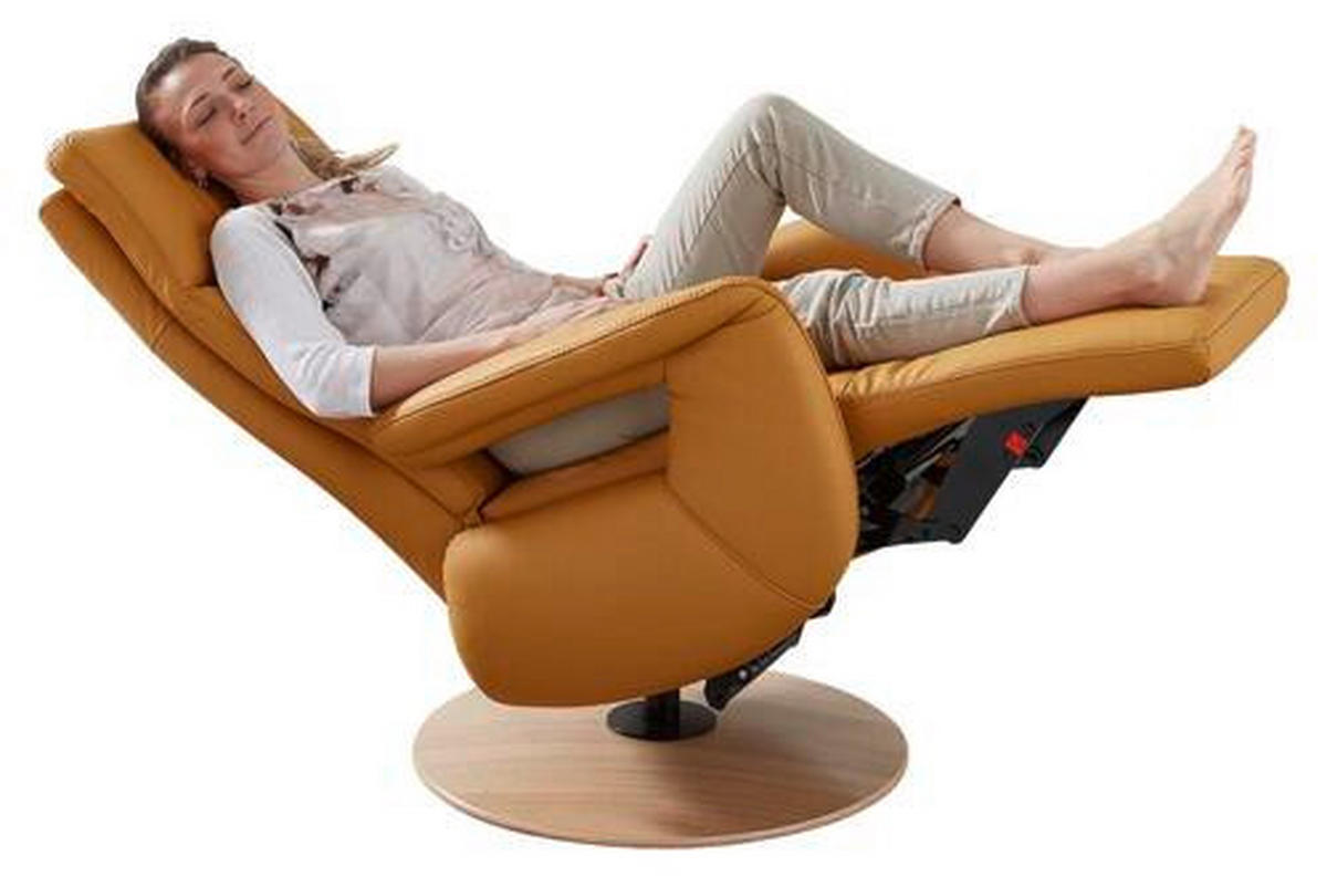 RELAXSESSEL Echtleder Relaxfunktion, Aufstehhilfe, Fußteilverstellung    - Currygelb/Eichefarben, Design, Leder/Holz (70/115/80cm) - Cantus