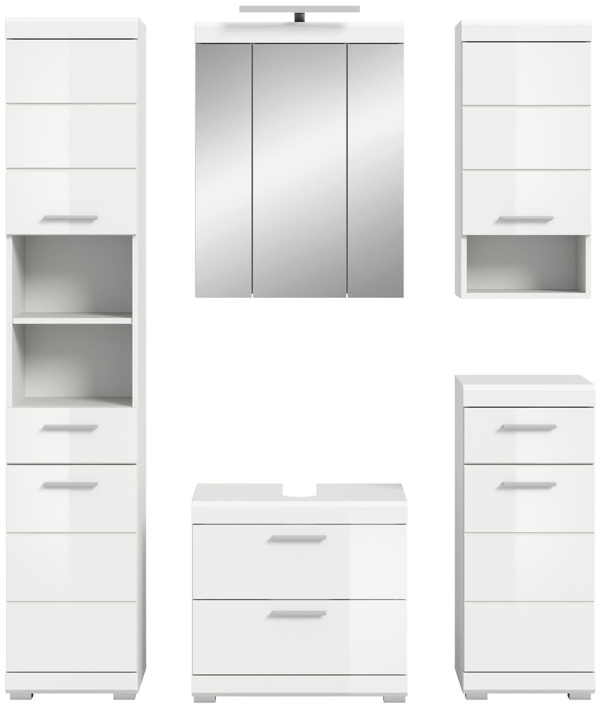 BADEZIMMER 5-teilig  in 134 cm  - Weiß Hochglanz/Silberfarben, MODERN, Glas/Holzwerkstoff (134cm) - MID.YOU