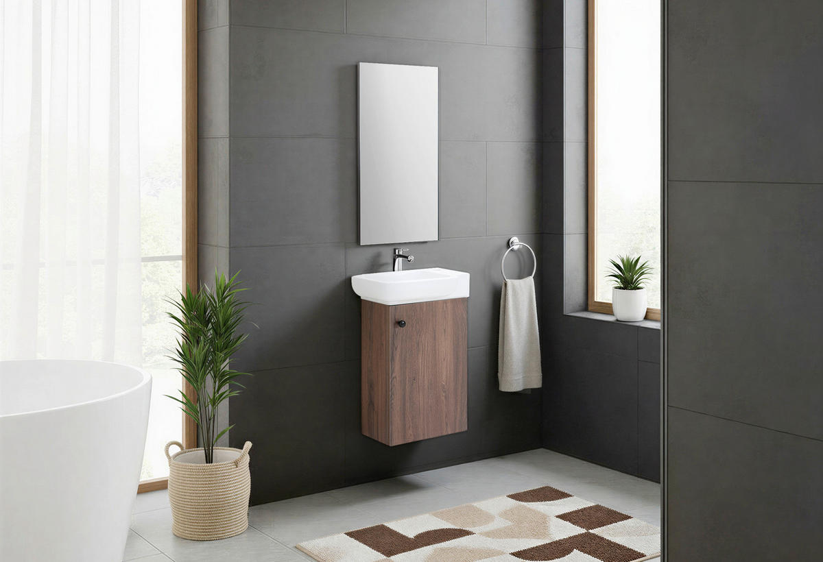 GÄSTEBAD 55 cm  - Weiß Hochglanz/Walnussfarben, MODERN, Keramik/Holzwerkstoff (55cm) - MID.YOU