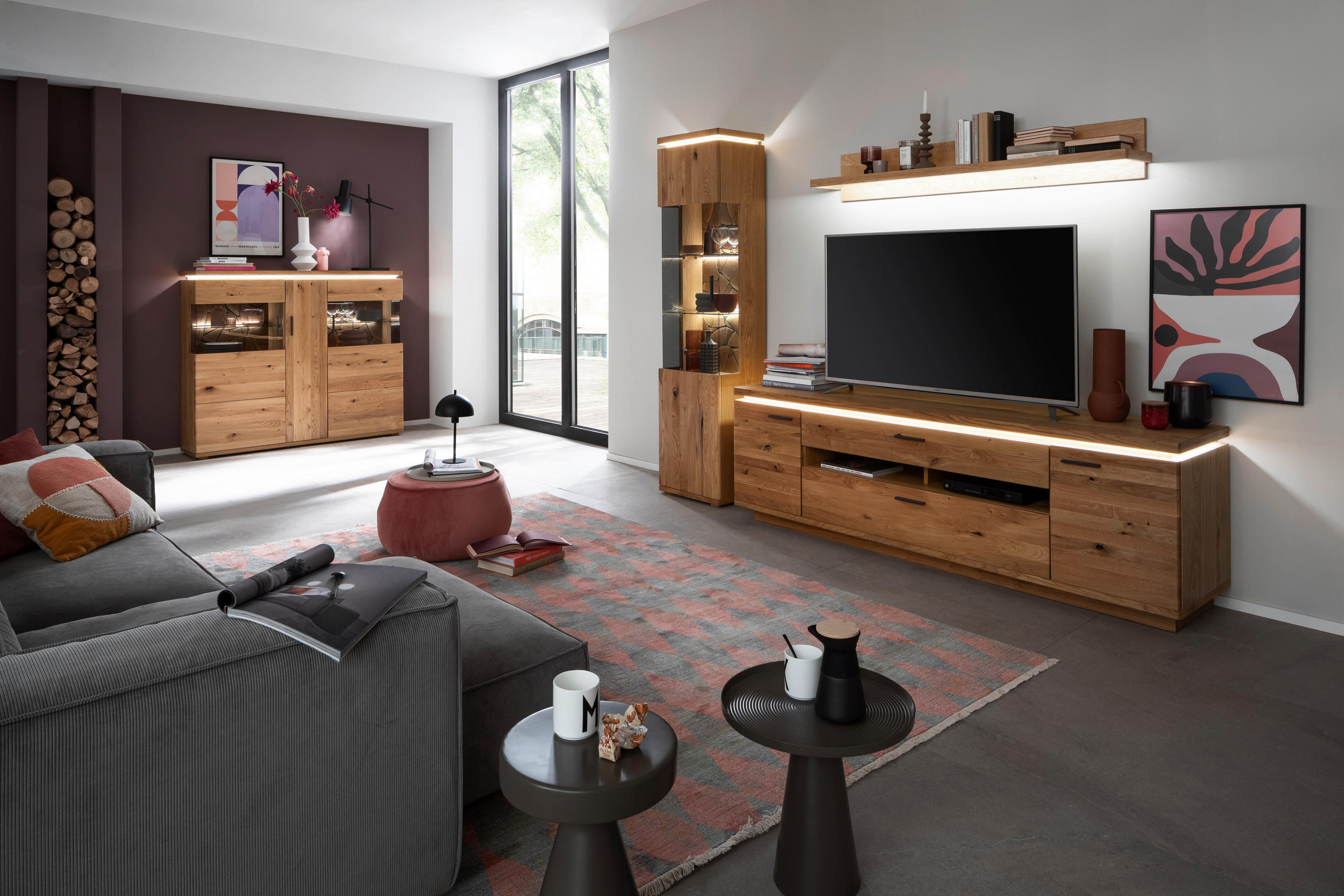 WOHNWAND  275/204/50 cm  in Grau, Eichefarben  - Eichefarben/Anthrazit, Natur, Glas/Holz (275/204/50cm) - Linea Natura