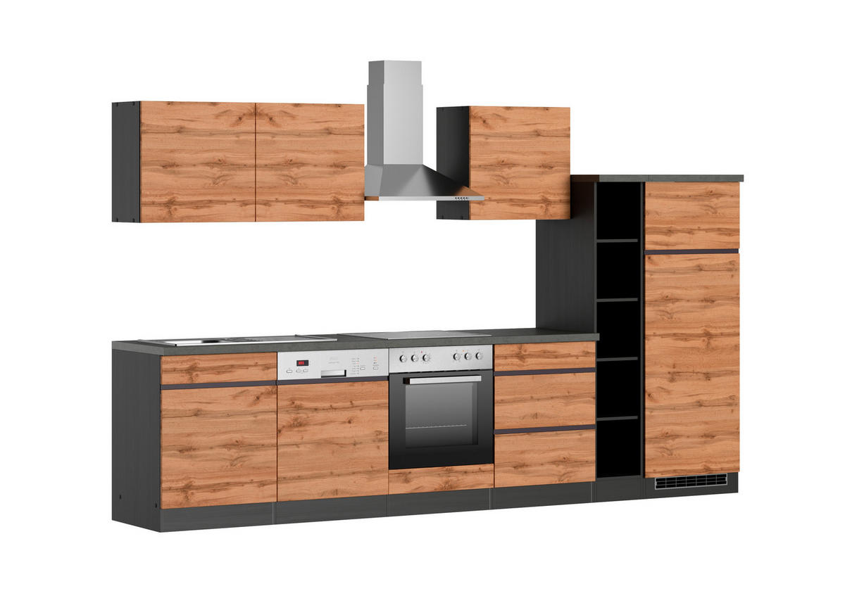 KÜCHENBLOCK 330 cm   in Graphitfarben, Eiche Wotan  - Eiche Wotan/Graphitfarben, Design, Holzwerkstoff (330cm) - Held