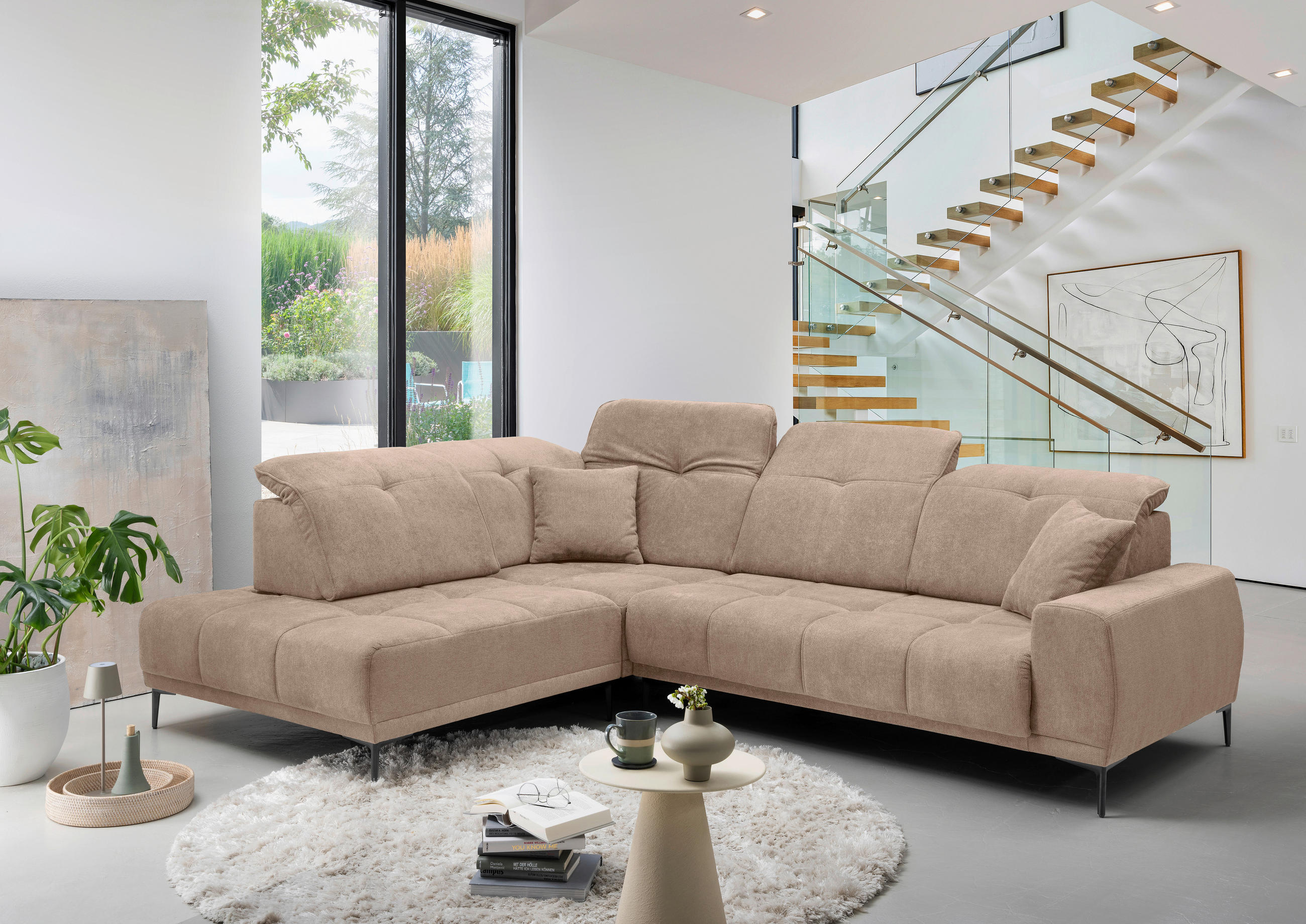 ECKSOFA Flachgewebe Hellbraun  - Hellbraun/Schwarz, Basics, Textil/Metall (232/305cm) - Livetastic
