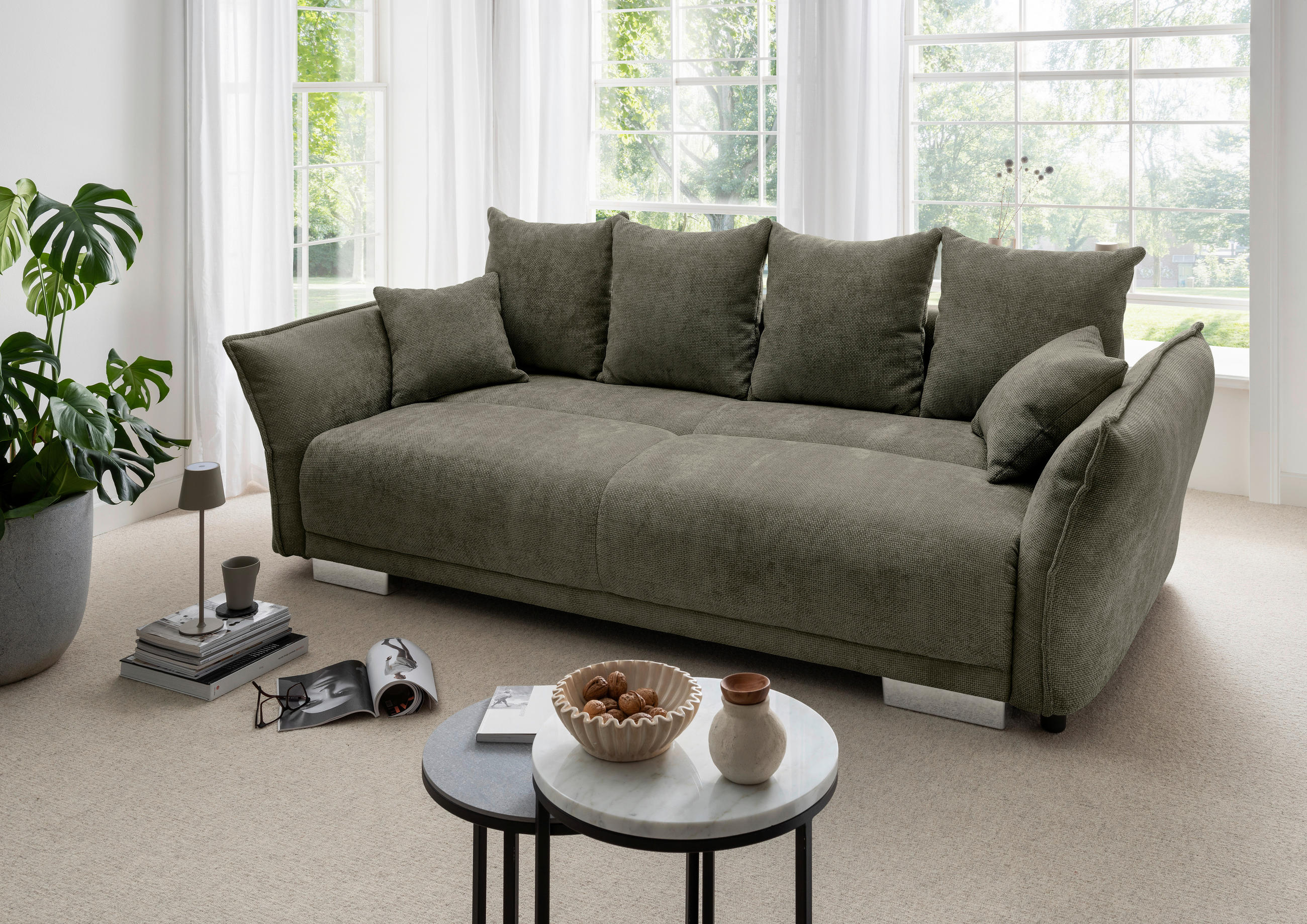 BIGSOFA Mikrofaser Olivgrün  - Chromfarben/Olivgrün, Basics, Kunststoff/Textil (242/71/90/131cm) - Livetastic