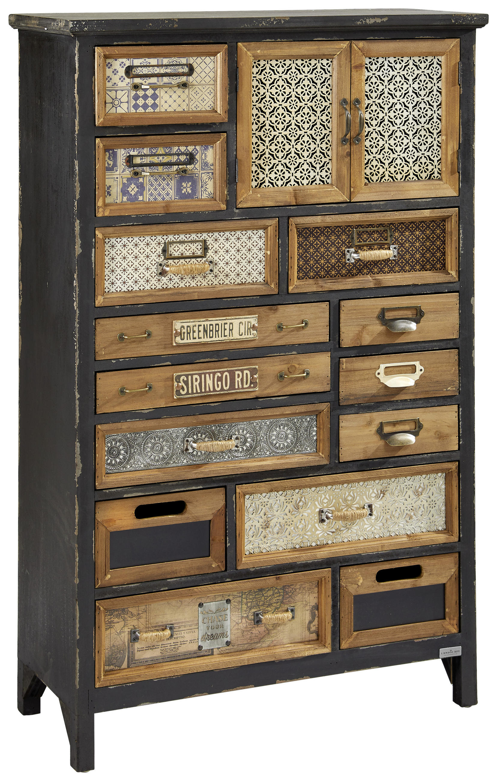 Thumbnail - Landscape Kommode, Mehrfarbig, Metall, Kiefer, massiv, 14 Schublade(n) Schubladen, 76x119x32 cm, stehend, Wohnzimmer, Ko...