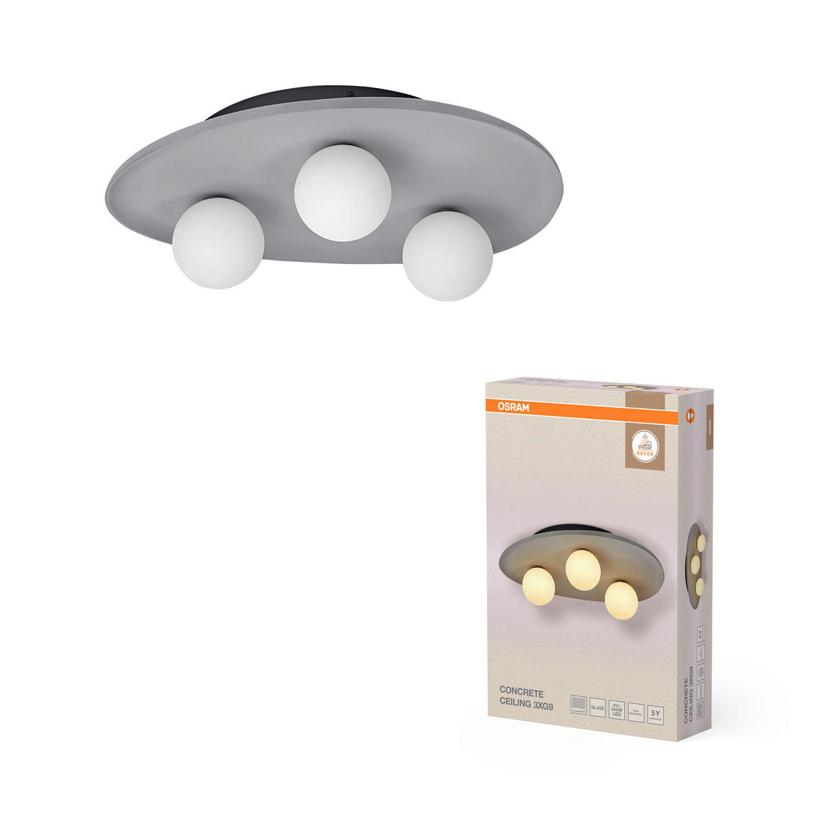 DECKENLEUCHTE    50/38.5/15.5 cm  - Grau, Basics, Glas/Stein (50/38.5/15.5cm) - Osram