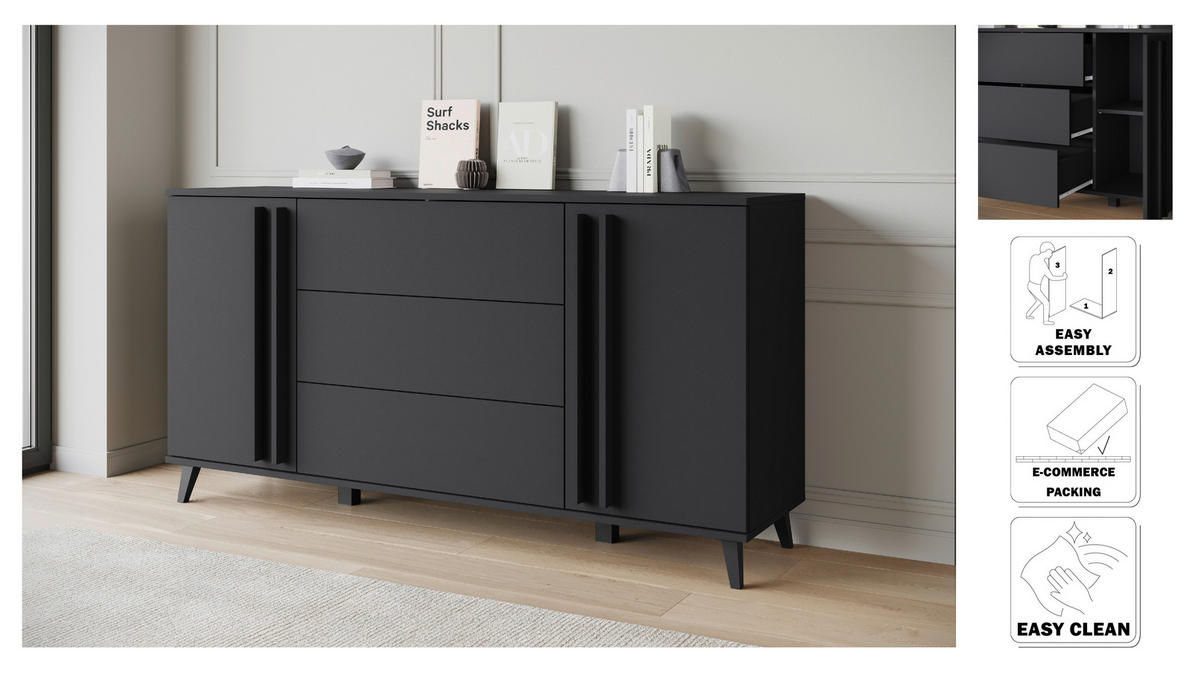 SIDEBOARD 150/77,8/39,5 cm  in Schwarz  - Schwarz, Trend, Holzwerkstoff/Kunststoff (150/77,8/39,5cm)