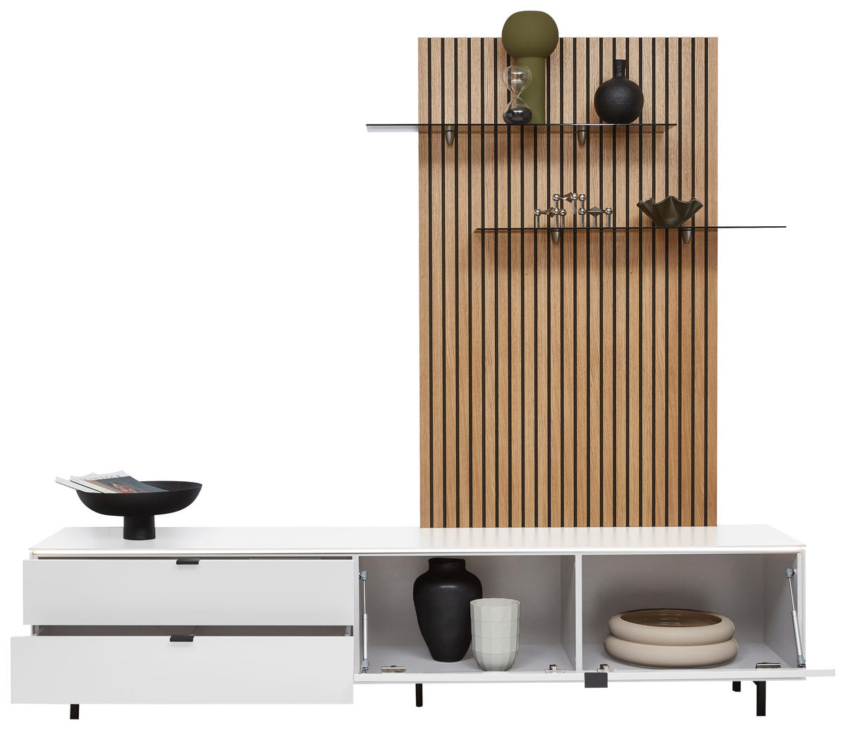 WOHNWAND  in Naturfarben, Weiss 216/149/46 cm  - Weiss/Naturfarben, Design, Glas/Holzwerkstoff (216/149/46cm) - Dieter Knoll