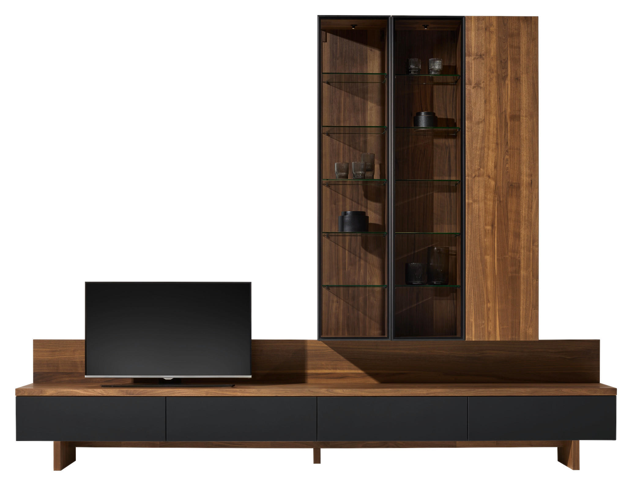 WOHNWAND  in Schwarz, Nussbaumfarben  320/240,8/48,3 cm  - Nussbaumfarben/Hellgrau, Design, Glas/Holz (320/240,8/48,3cm) - Team 7