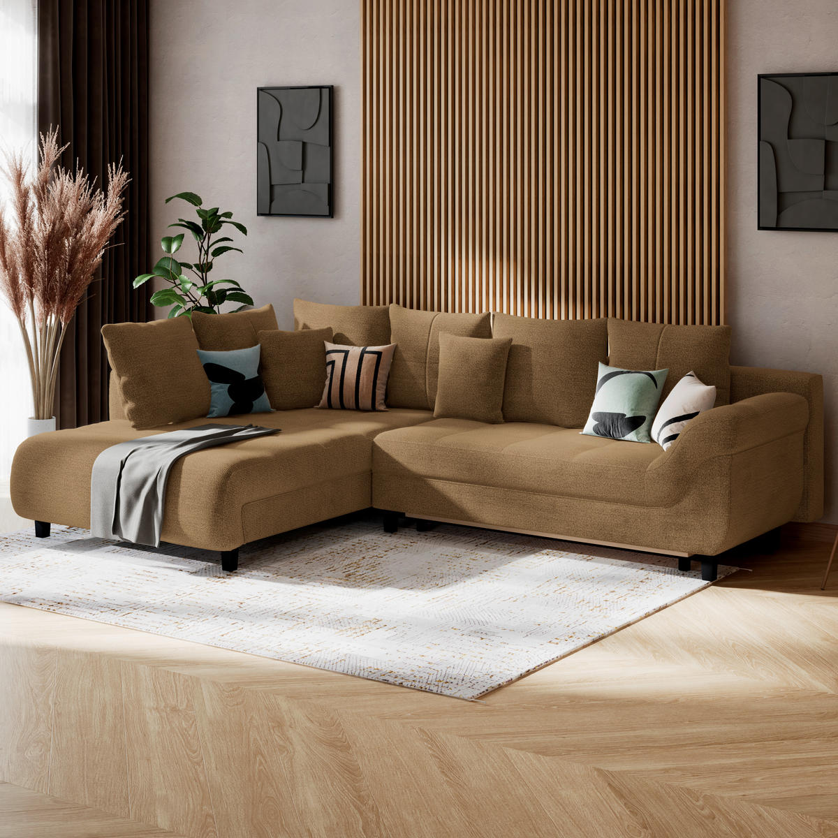 ECKSOFA MENDOZA NEW Rostfarben Chenille, Struktur Zierkissen, Rückenkissen, Bettkasten  - Rostfarben/Schwarz, KONVENTIONELL, Textil (197/309cm) - MID.YOU