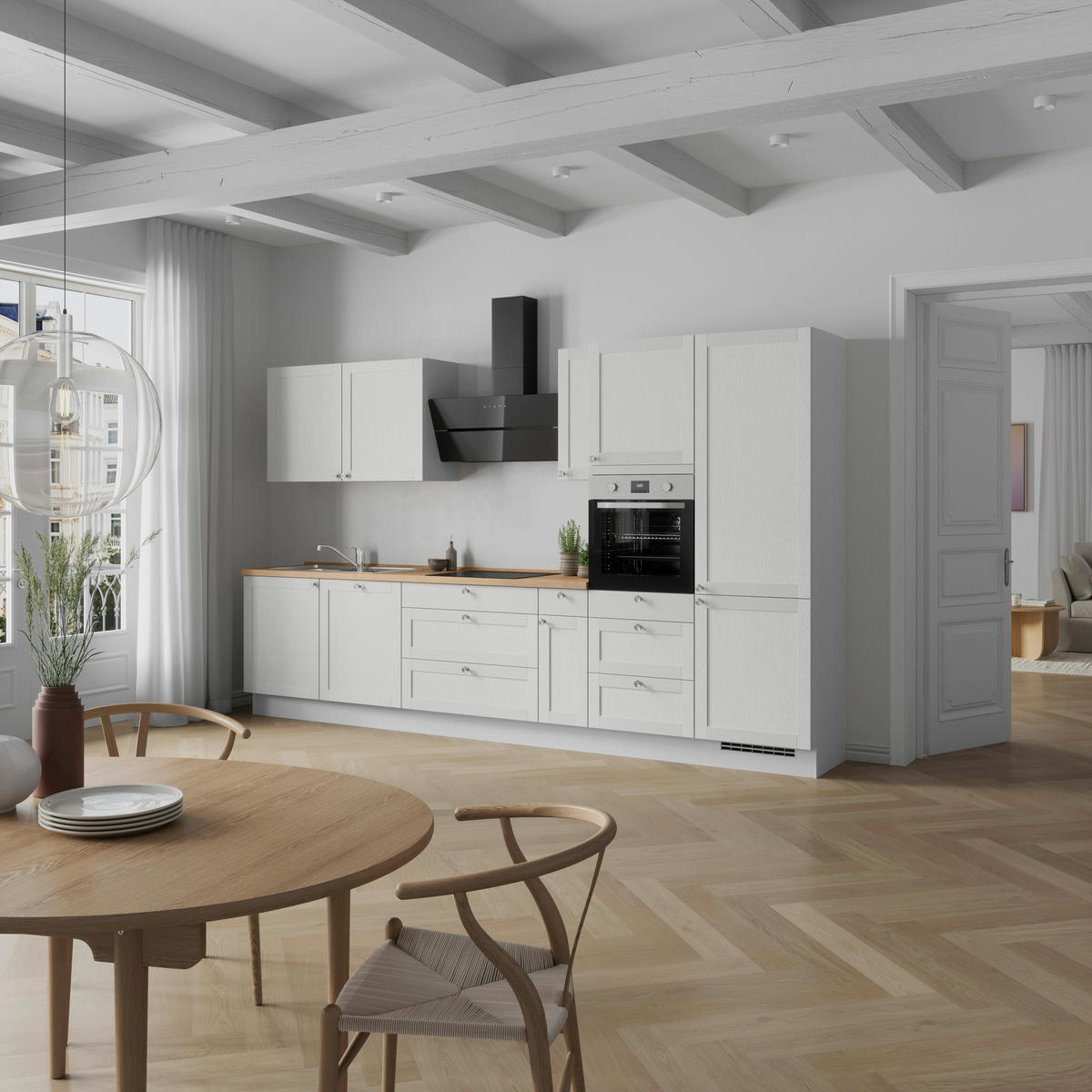 KÜCHENLEERBLOCK Frame 360 cm  in Weiß, Eichefarben  - Edelstahlfarben/Eichefarben, ROMANTIK / LANDHAUS, Holzwerkstoff/Metall (360cm) - Nobilia