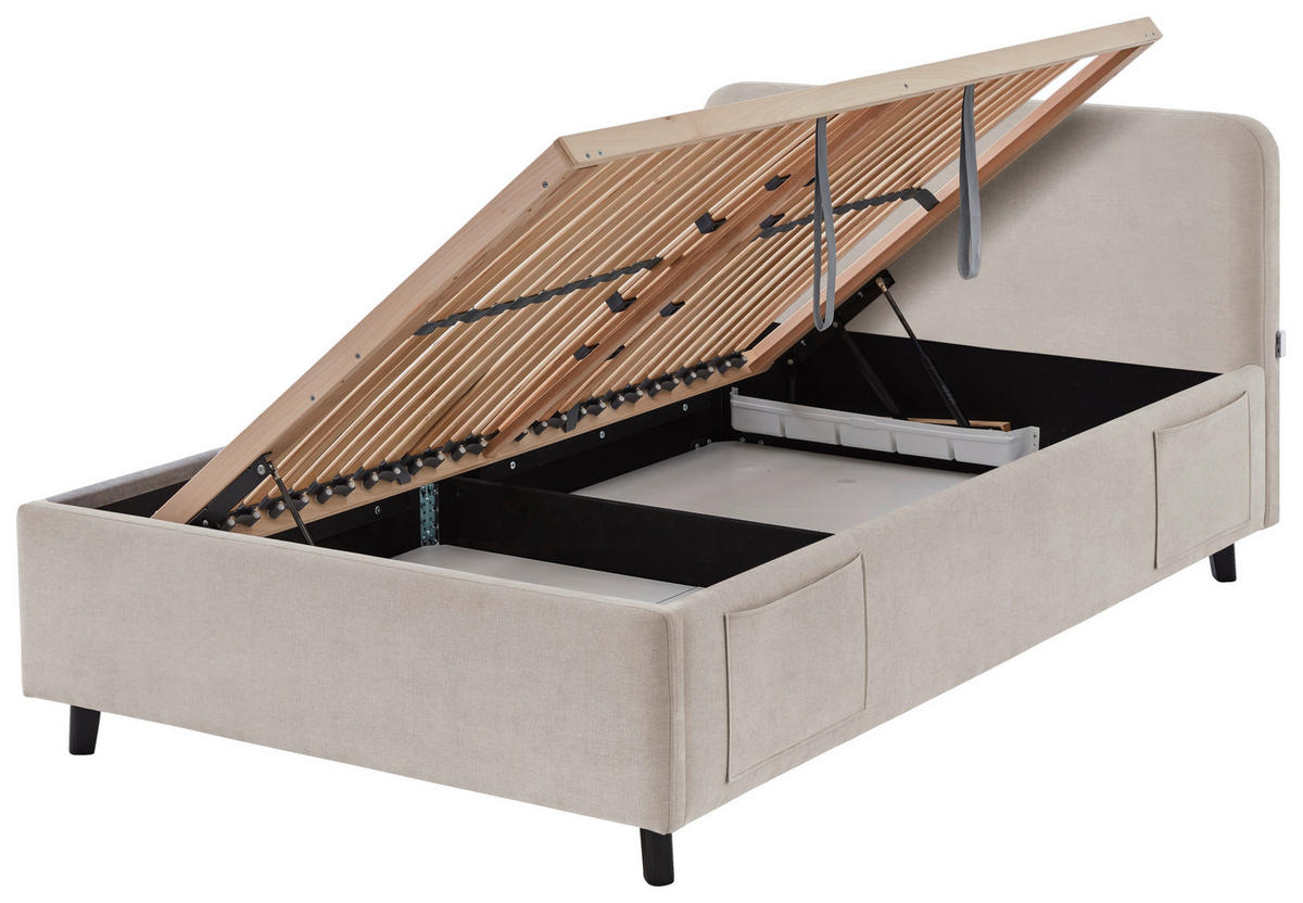 POLSTERBETT 120/200 cm,  in Schwarz, Beige, Lattenrost, Bettkasten, Betttasche,  - Birkefarben/Beige, KONVENTIONELL, Holz/Textil (120/200cm) - Boxxx