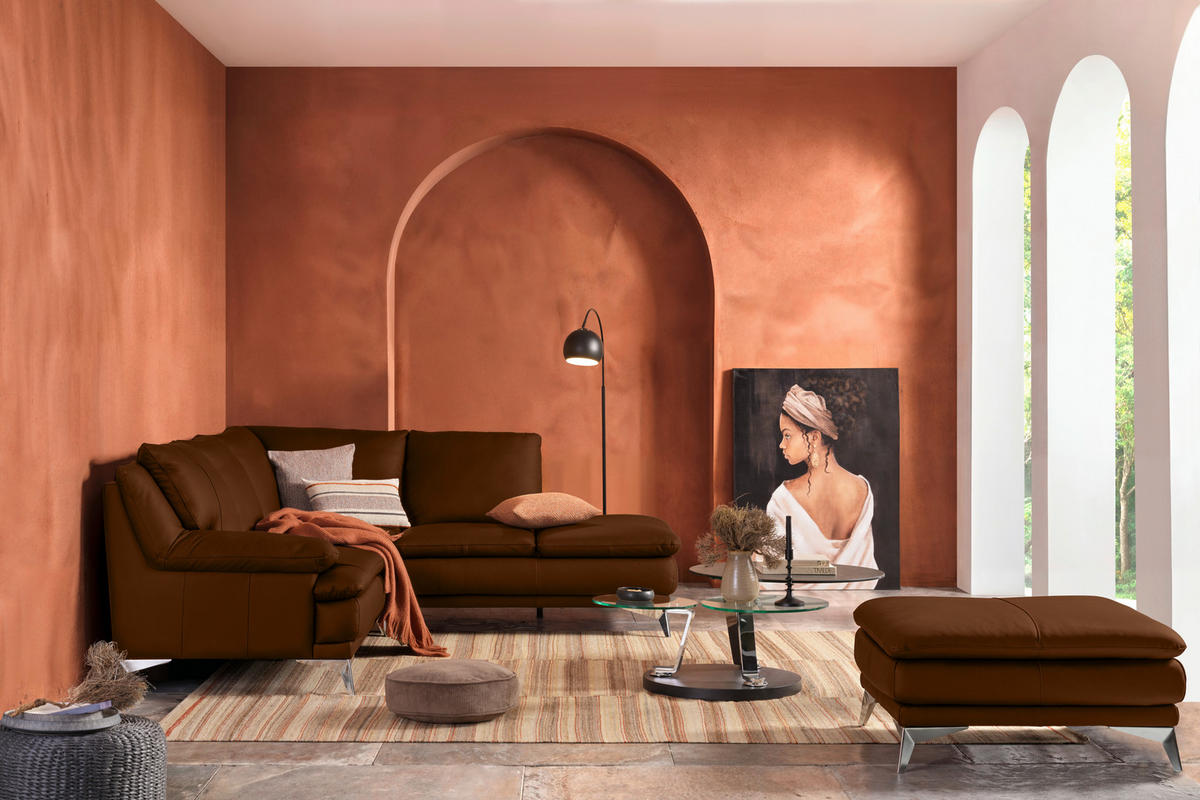 ECKSOFA Cognac Echtleder  - Chromfarben/Cognac, Design, Leder/Metall (242/224cm) - Novel