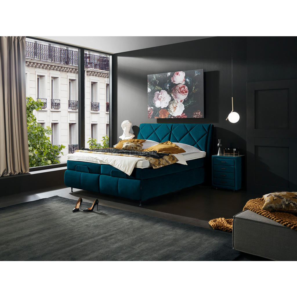 Thumbnail - Dieter Knoll Boxspringbett, Petrol, Textil, H2 + H3, 7-Zonen, Höhe ca. 19 cm, 180x200 cm, Matratze, gepolstertes Kopftei...